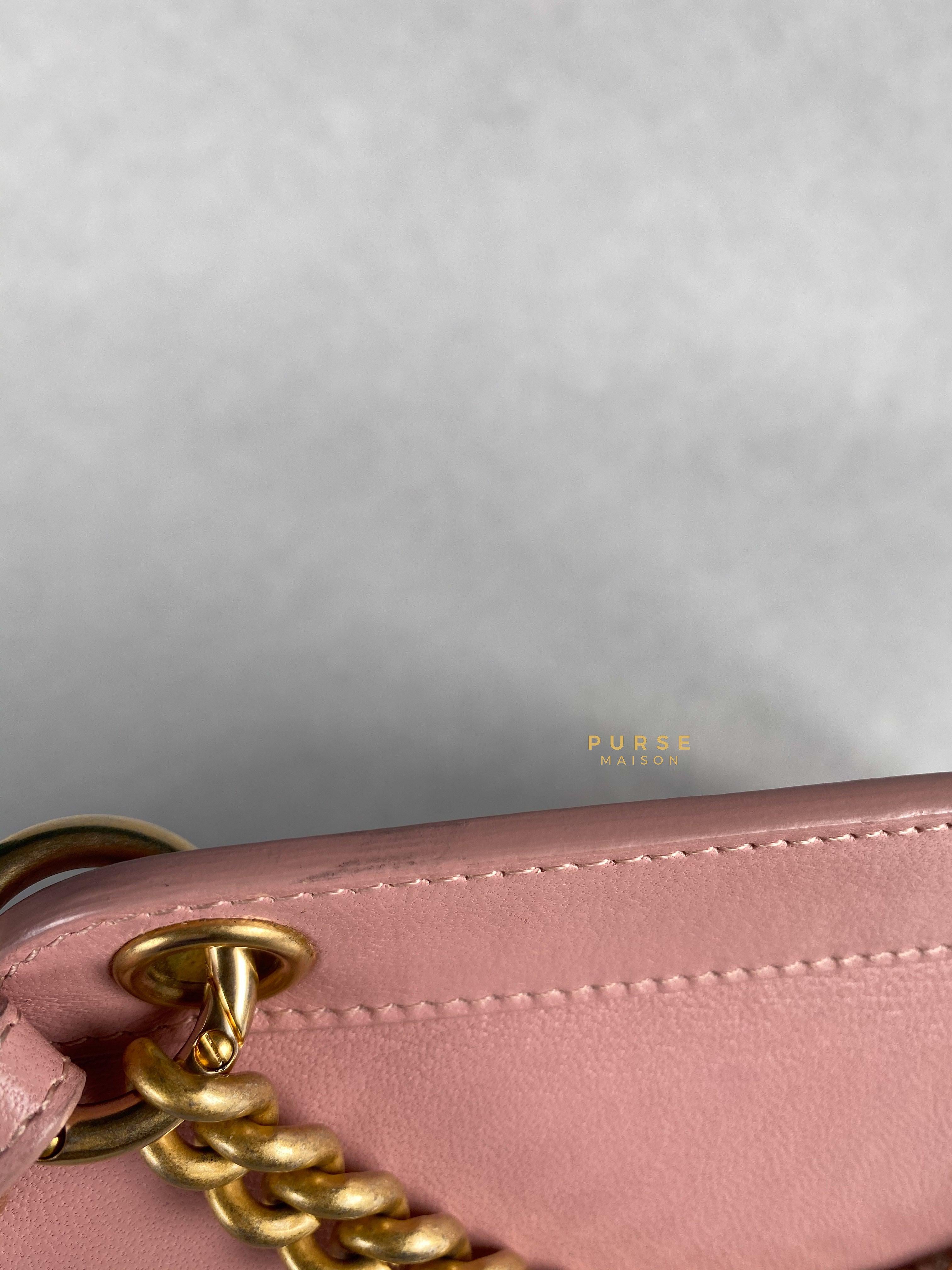 Chanel Curved Flap Bag in Baby Pink Calfskin and Aged Gold Hardware Series 27 | Purse Maison Luxury Bags Shop
