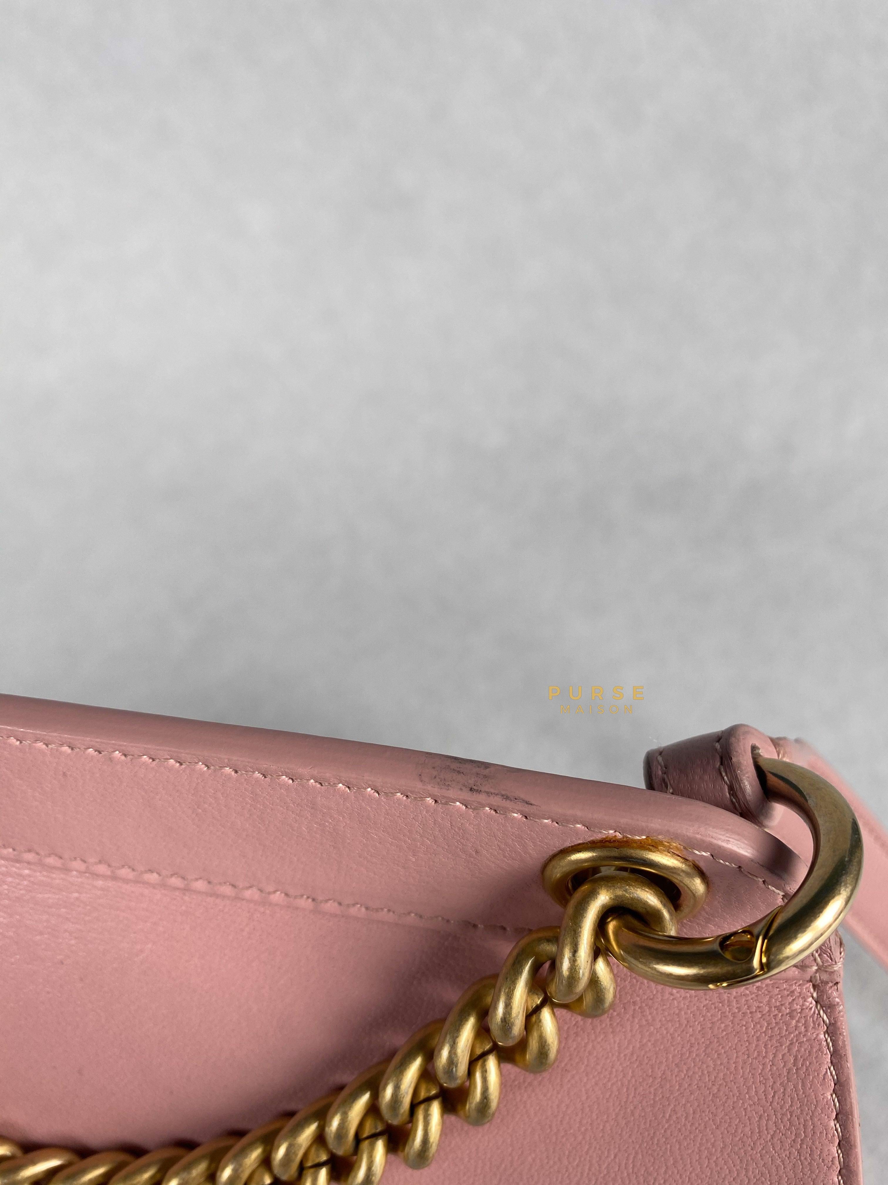 Chanel Curved Flap Bag in Baby Pink Calfskin and Aged Gold Hardware Series 27 | Purse Maison Luxury Bags Shop