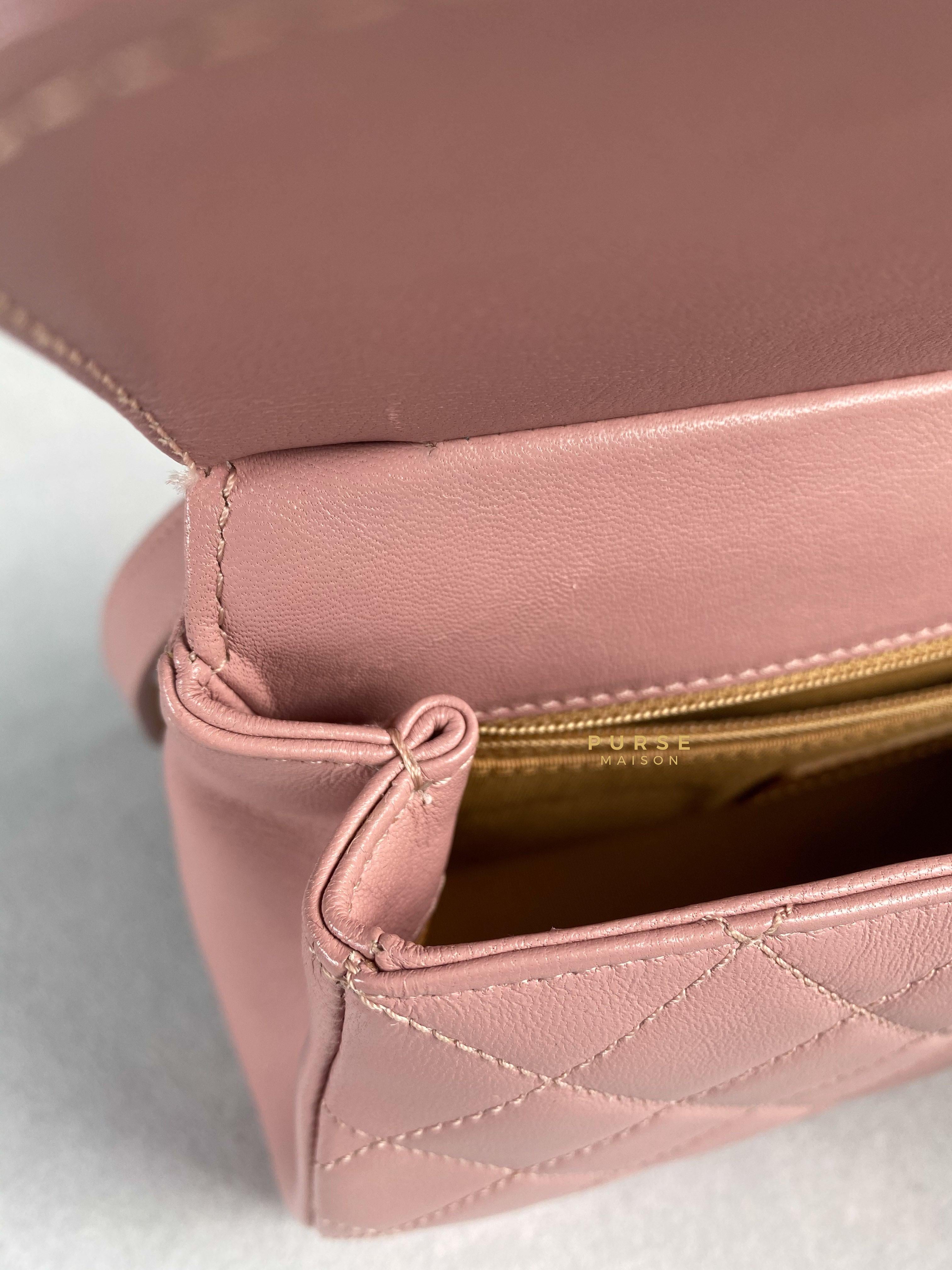 Chanel Curved Flap Bag in Baby Pink Calfskin and Aged Gold Hardware Series 27 | Purse Maison Luxury Bags Shop