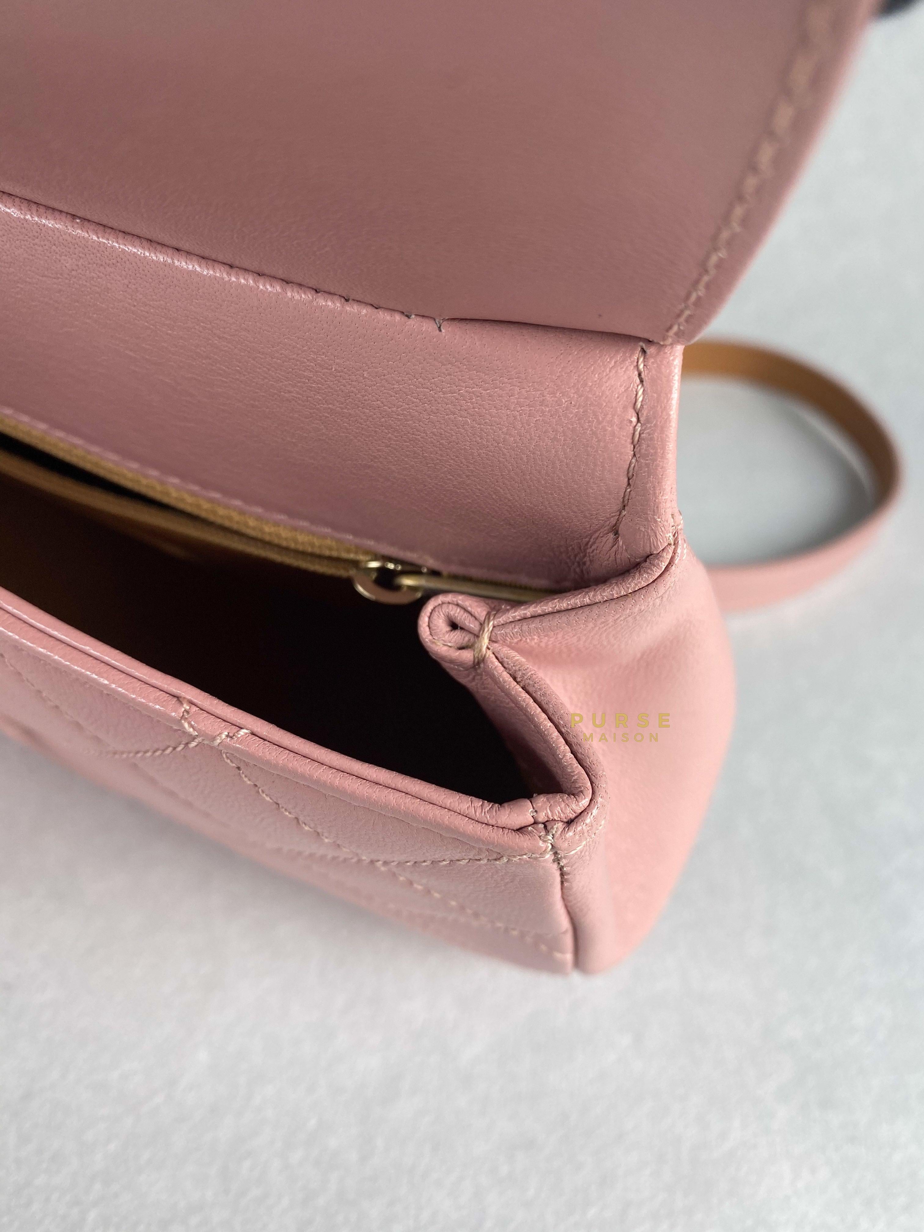 Chanel Curved Flap Bag in Baby Pink Calfskin and Aged Gold Hardware Series 27 | Purse Maison Luxury Bags Shop