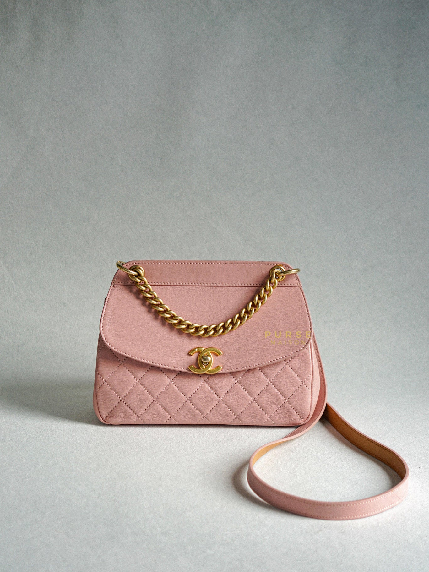 Chanel Curved Flap Bag in Baby Pink Calfskin and Aged Gold Hardware Series 27 | Purse Maison Luxury Bags Shop