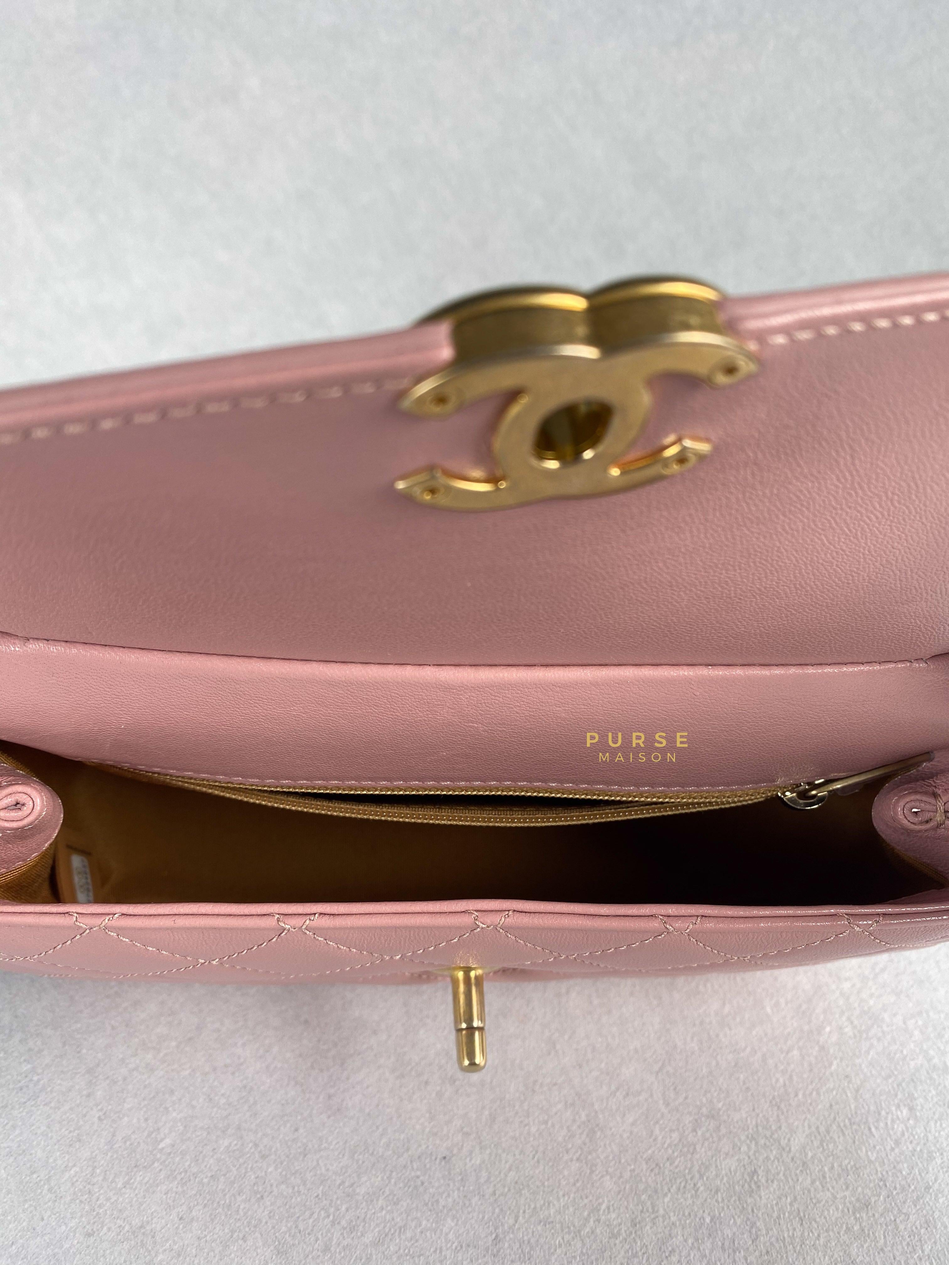Chanel Curved Flap Bag in Baby Pink Calfskin and Aged Gold Hardware Series 27 | Purse Maison Luxury Bags Shop