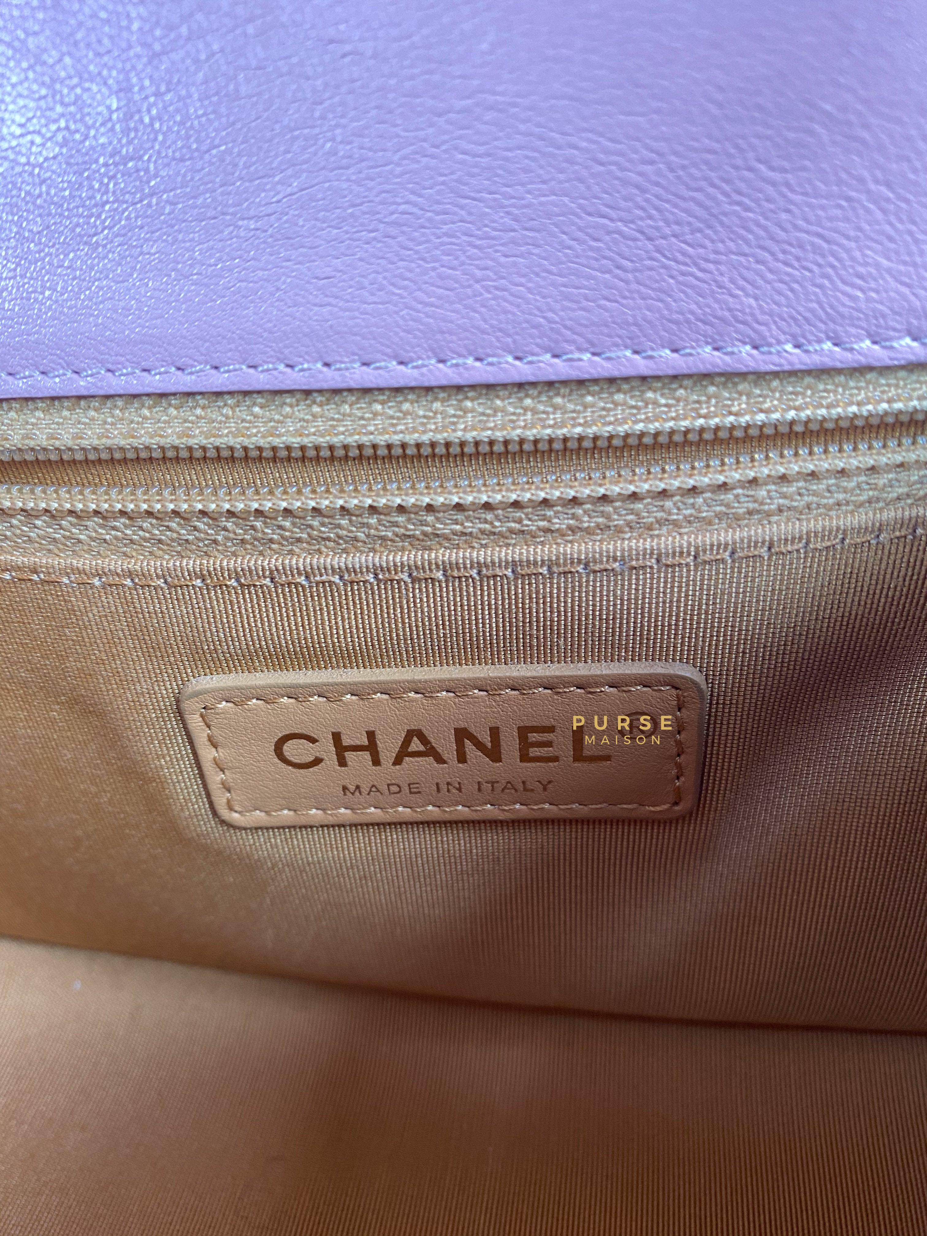 Chanel Curved Flap Bag in Baby Pink Calfskin and Aged Gold Hardware Series 27 | Purse Maison Luxury Bags Shop