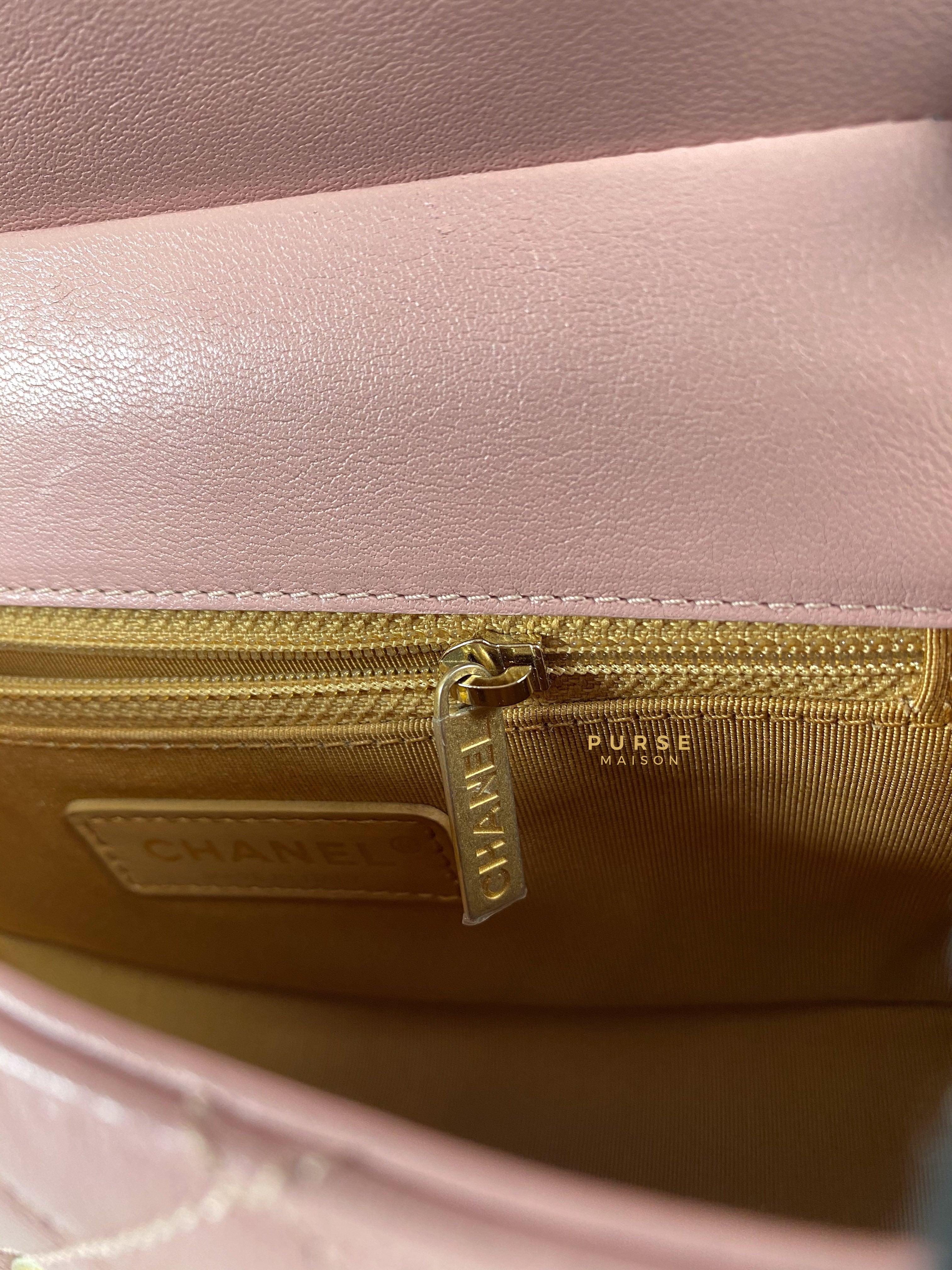 Chanel Curved Flap Bag in Baby Pink Calfskin and Aged Gold Hardware Series 27 | Purse Maison Luxury Bags Shop