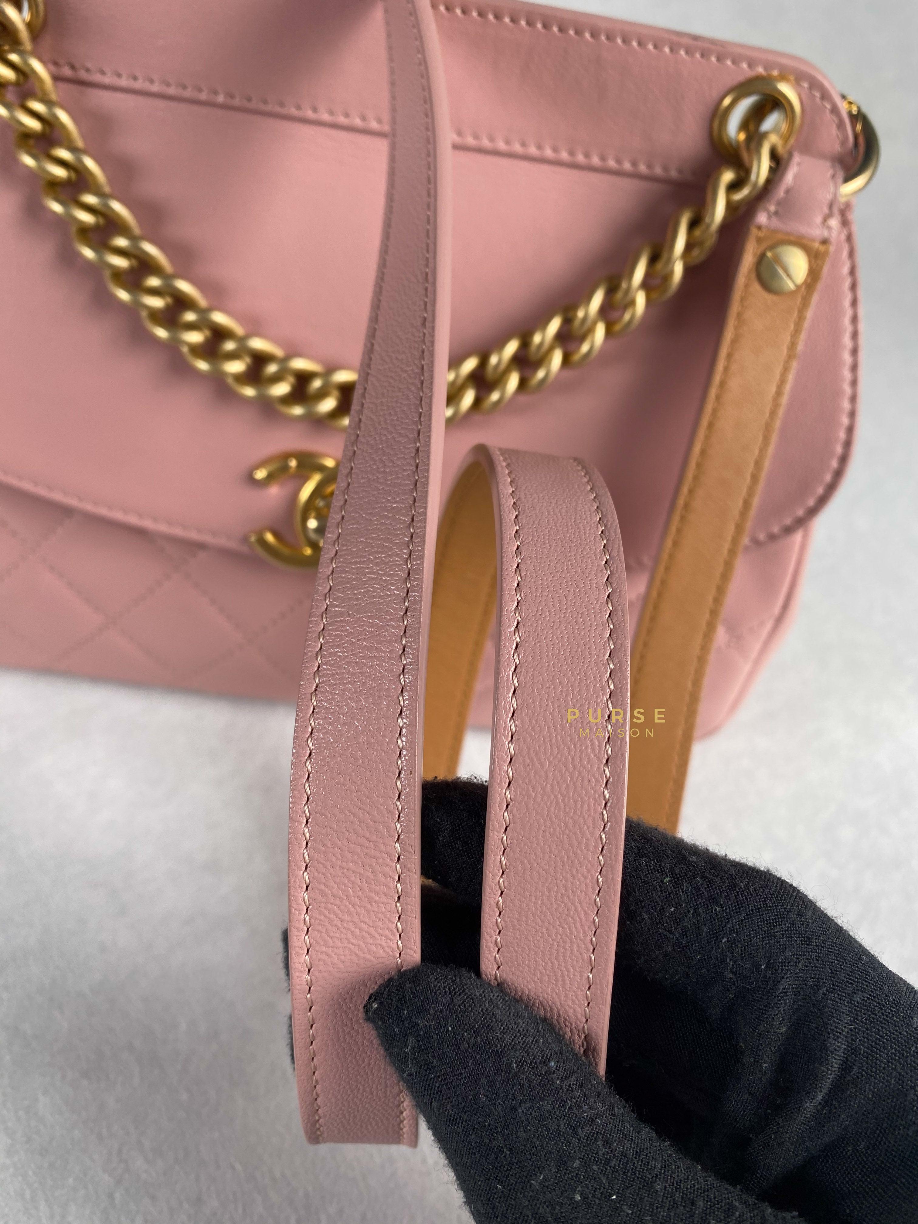 Chanel Curved Flap Bag in Baby Pink Calfskin and Aged Gold Hardware Series 27 | Purse Maison Luxury Bags Shop