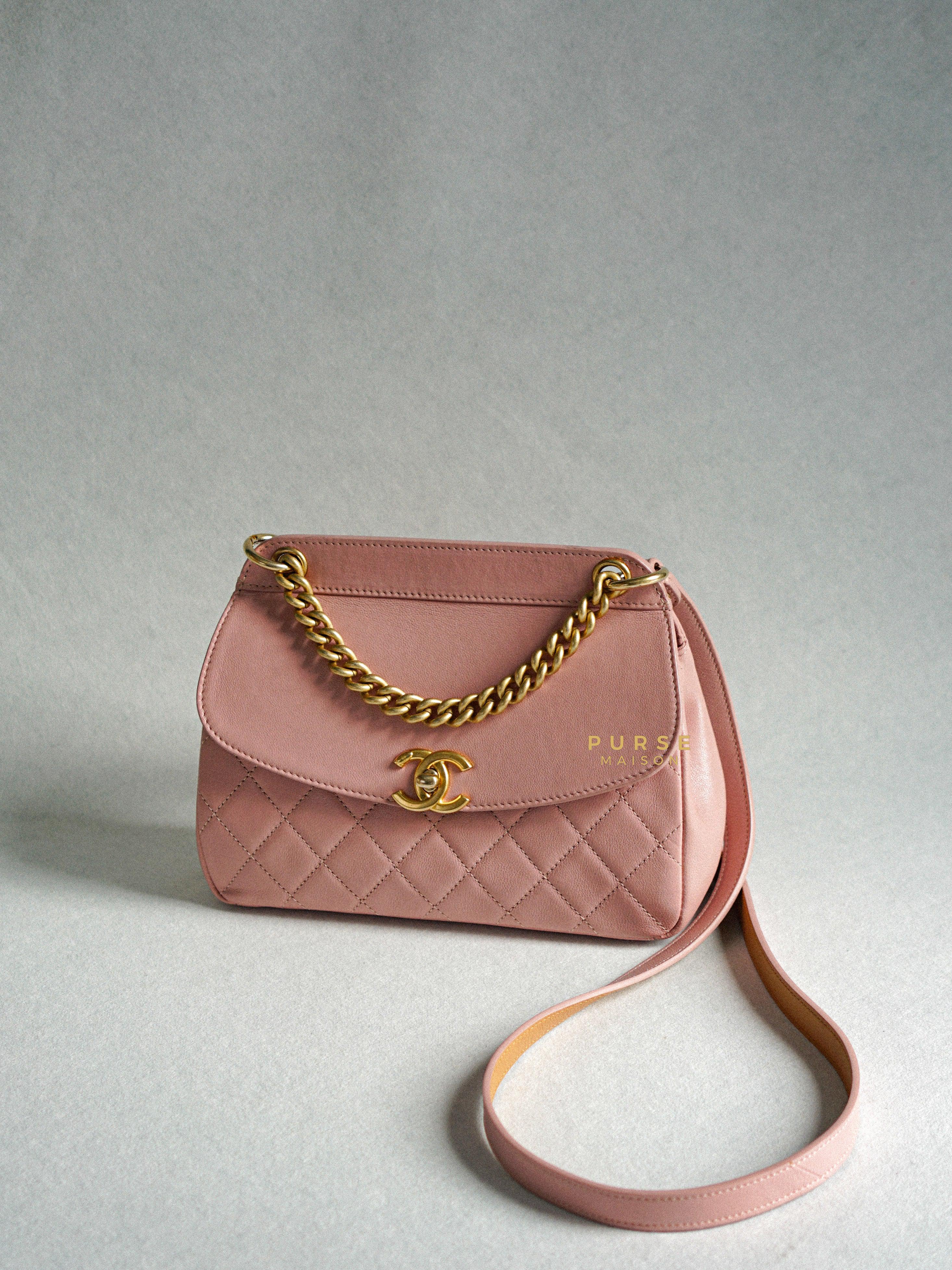 Chanel Curved Flap Bag in Baby Pink Calfskin and Aged Gold Hardware Series 27 | Purse Maison Luxury Bags Shop