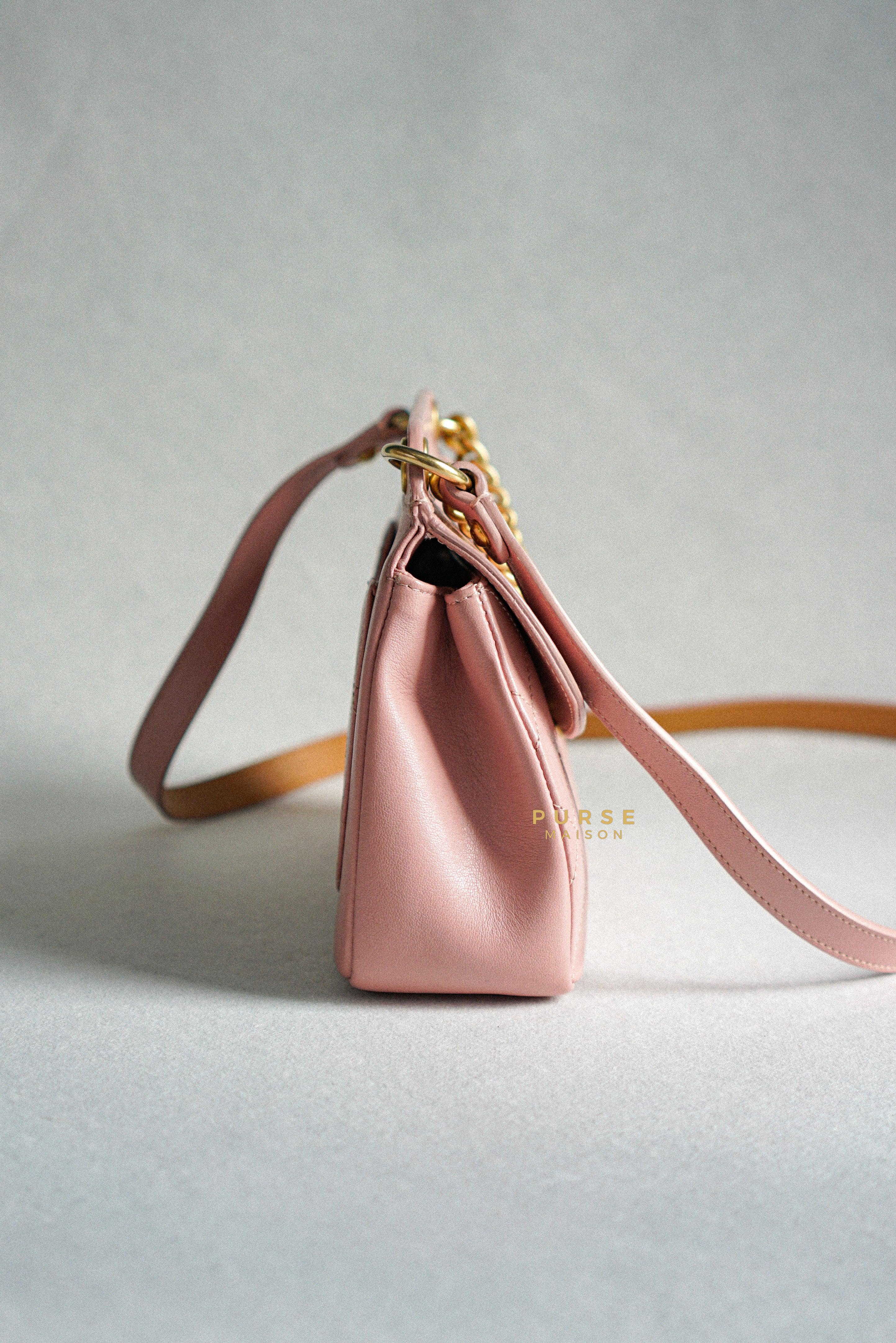 Chanel Curved Flap Bag in Baby Pink Calfskin and Aged Gold Hardware Series 27 | Purse Maison Luxury Bags Shop