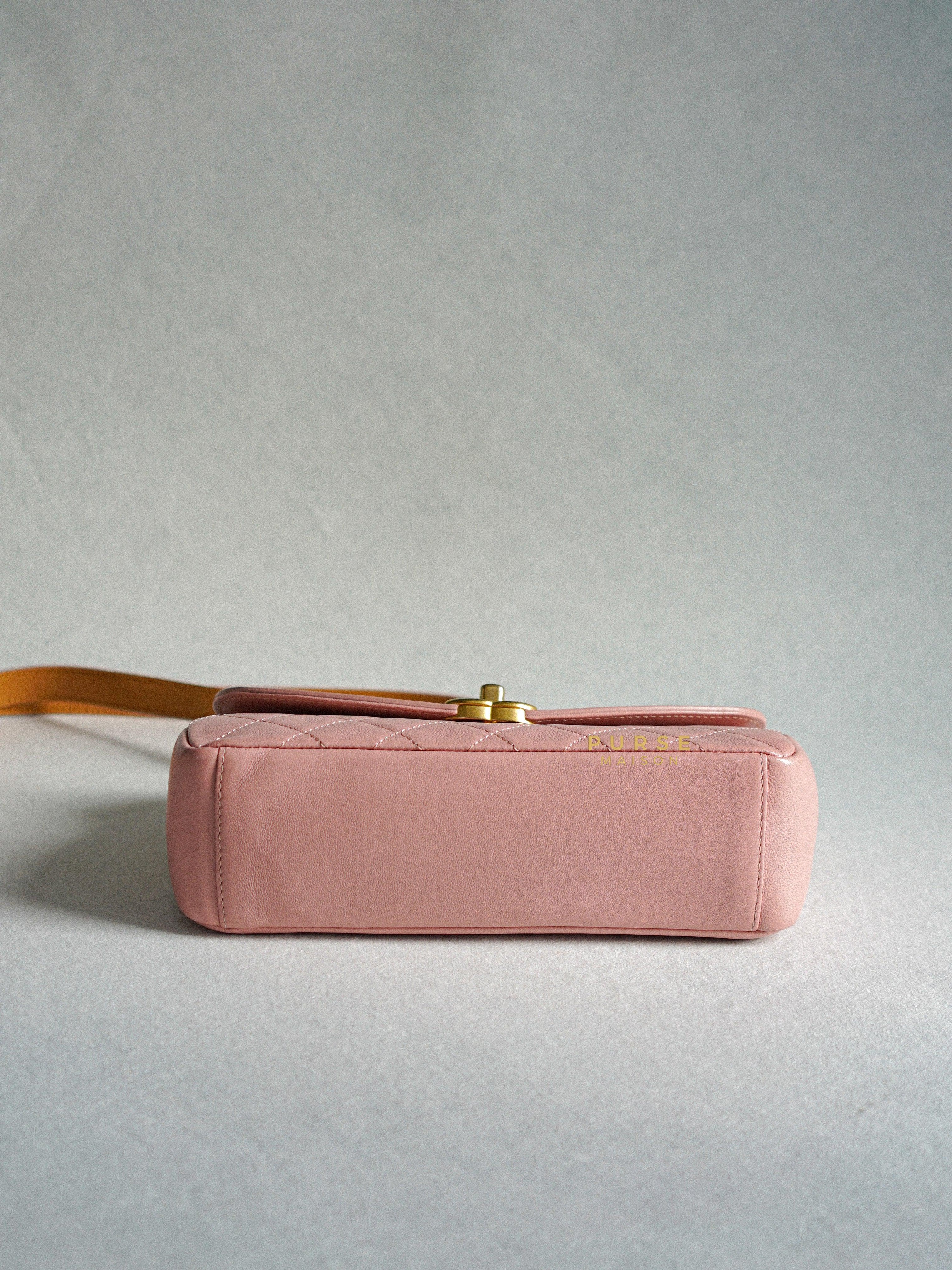 Chanel Curved Flap Bag in Baby Pink Calfskin and Aged Gold Hardware Series 27 | Purse Maison Luxury Bags Shop