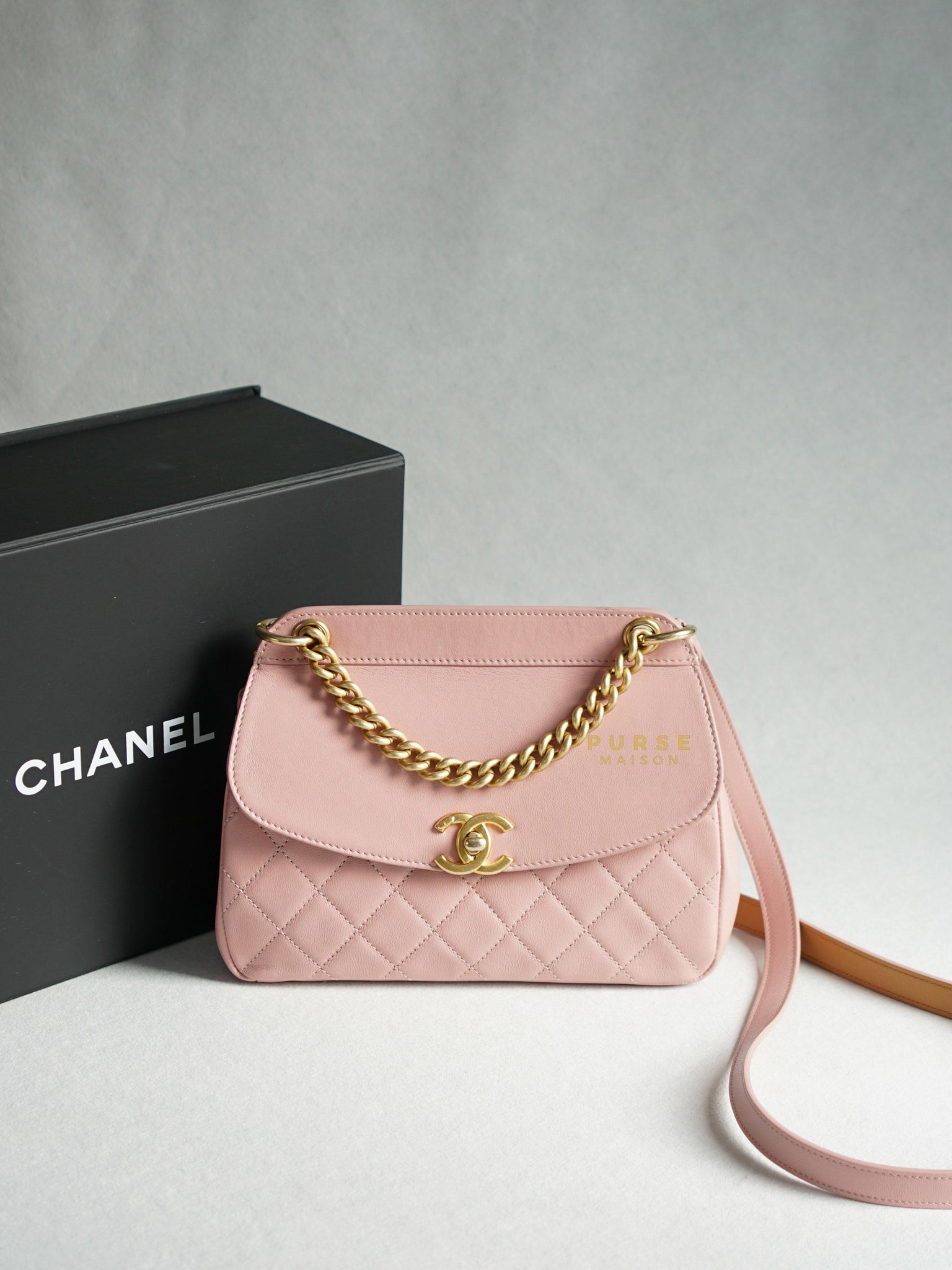 Chanel Curved Flap Bag in Baby Pink Calfskin and Aged Gold Hardware Series 27 | Purse Maison Luxury Bags Shop