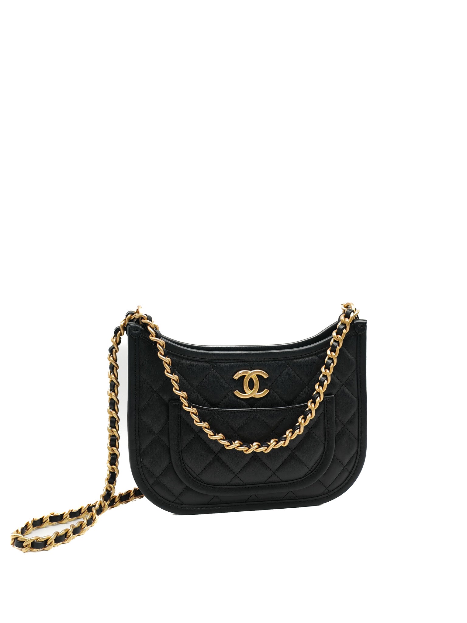 Chanel Curvy Mood Hobo Bag in Black Quilted Calfskin Leather and Aged Gold Hardware Microchip | Purse Maison Luxury Bags Shop
