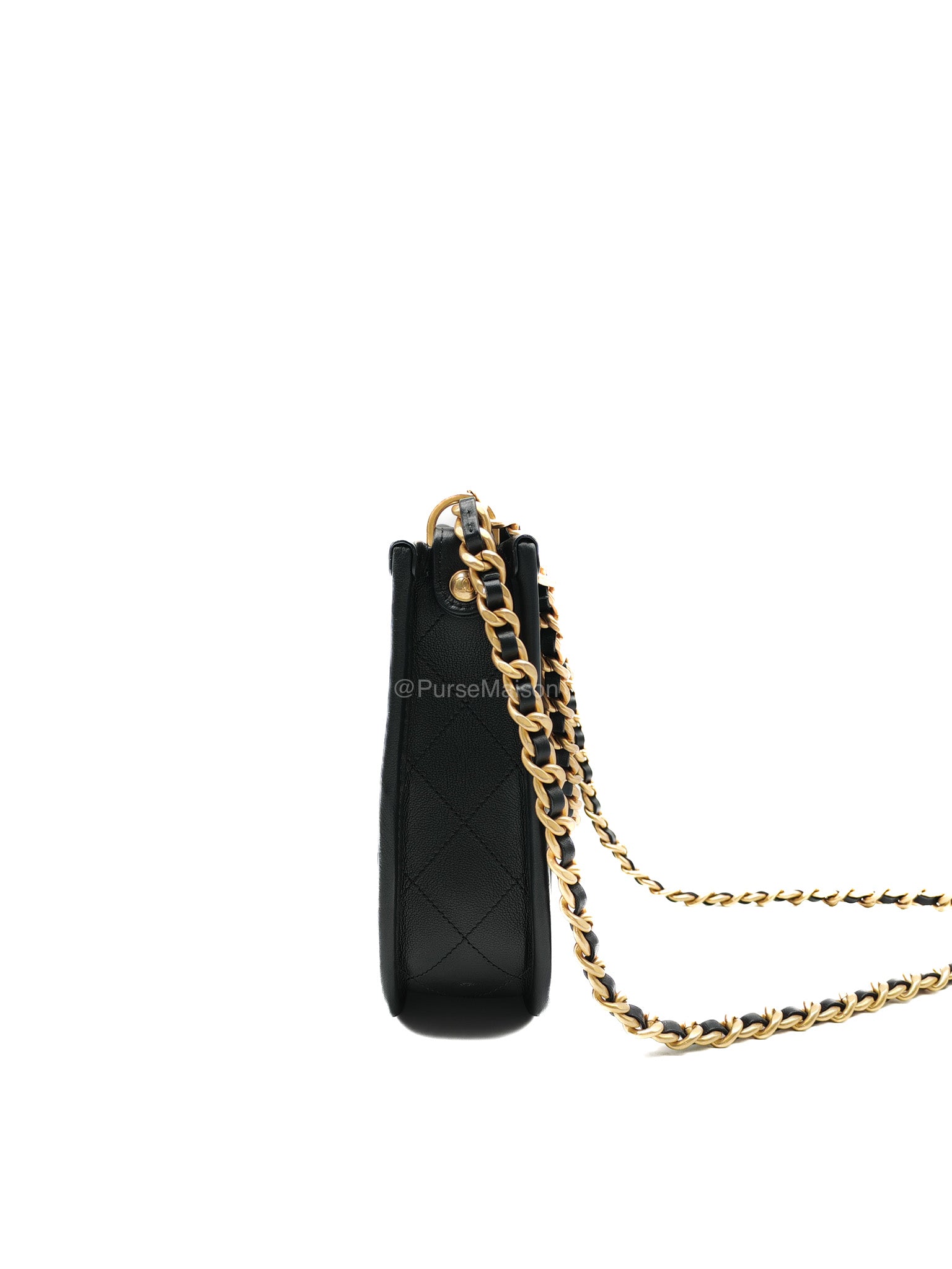 Chanel Curvy Mood Hobo Bag in Black Quilted Calfskin Leather and Aged Gold Hardware Microchip | Purse Maison Luxury Bags Shop