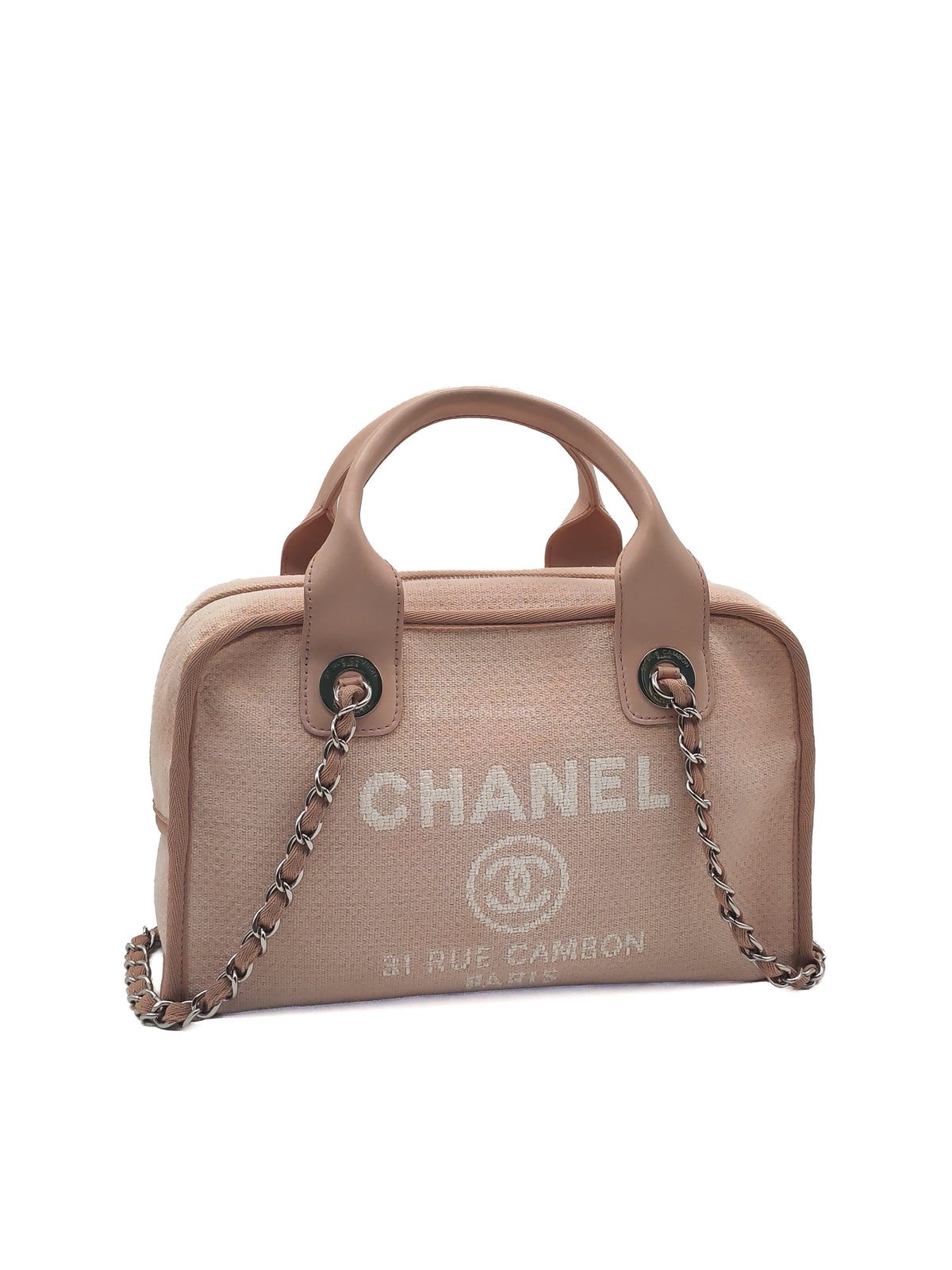 Chanel Deauville Bowling Bag Small in Pink Canvas Silver Hardware (Series 20) | Purse Maison Luxury Bags Shop