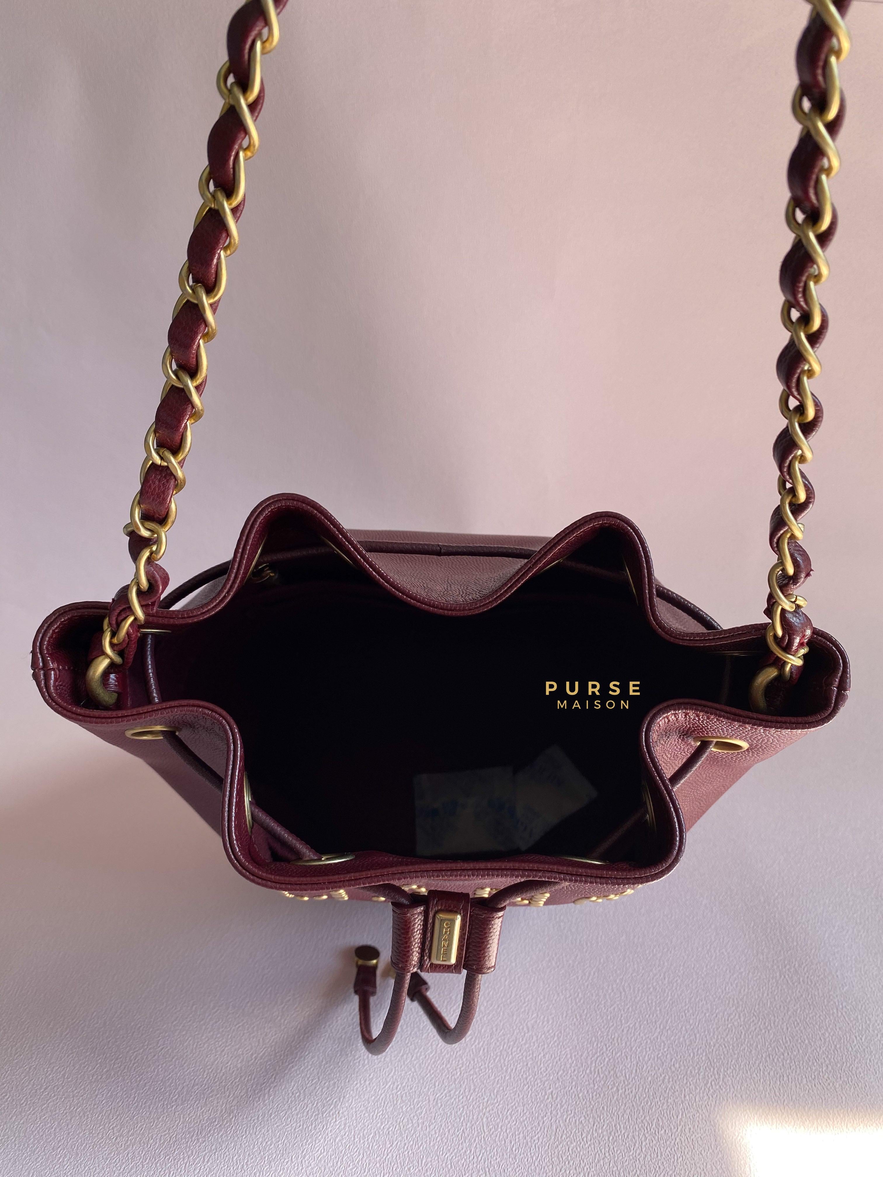 Chanel Deauville Drawstring Bucket Bag Medium Caviar Burgundy in Aged Gold Hardware Series 28 | Purse Maison Luxury Bags Shop
