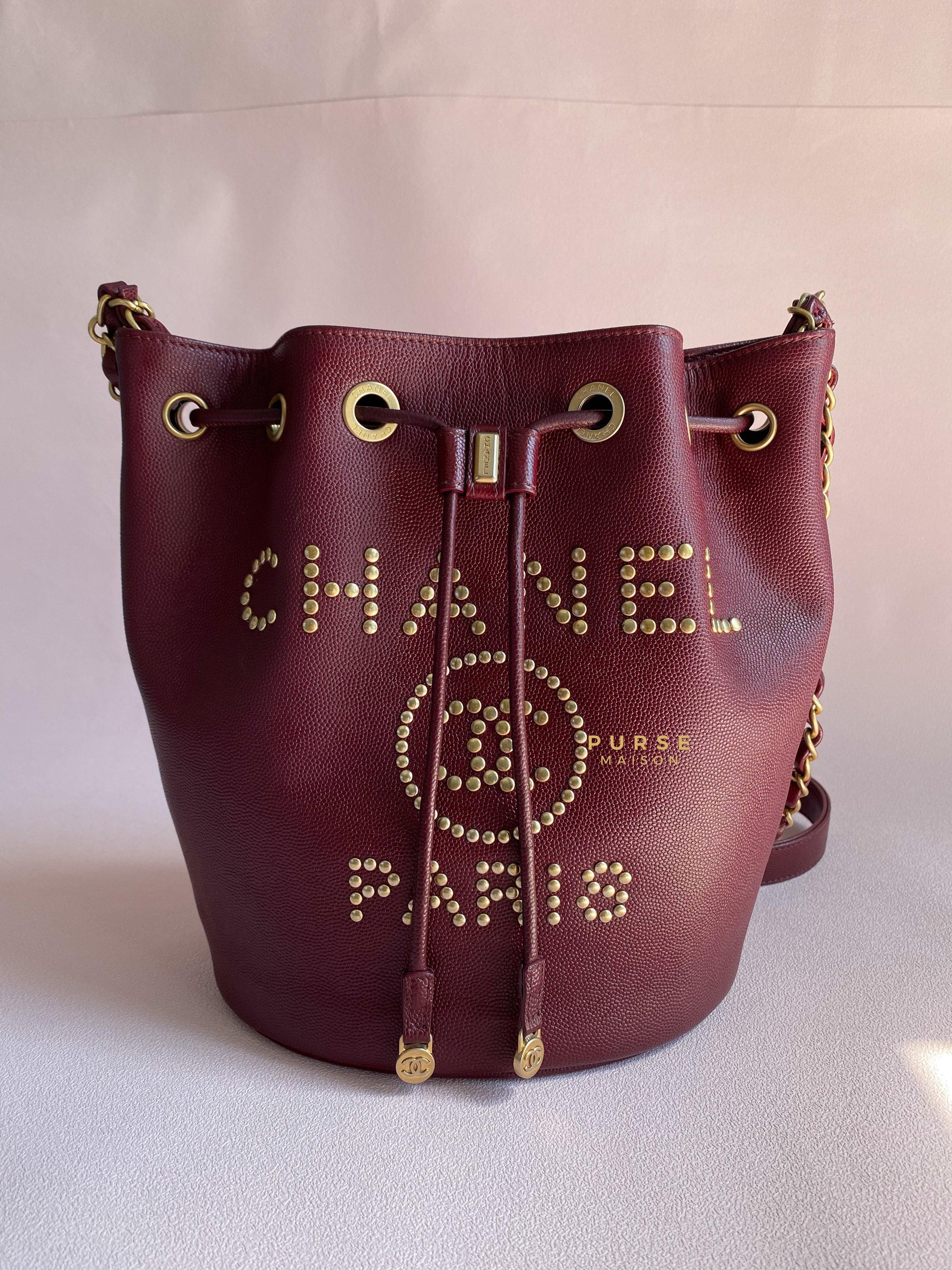 Chanel Deauville Drawstring Bucket Bag Medium Caviar Burgundy in Aged Gold Hardware Series 28 | Purse Maison Luxury Bags Shop