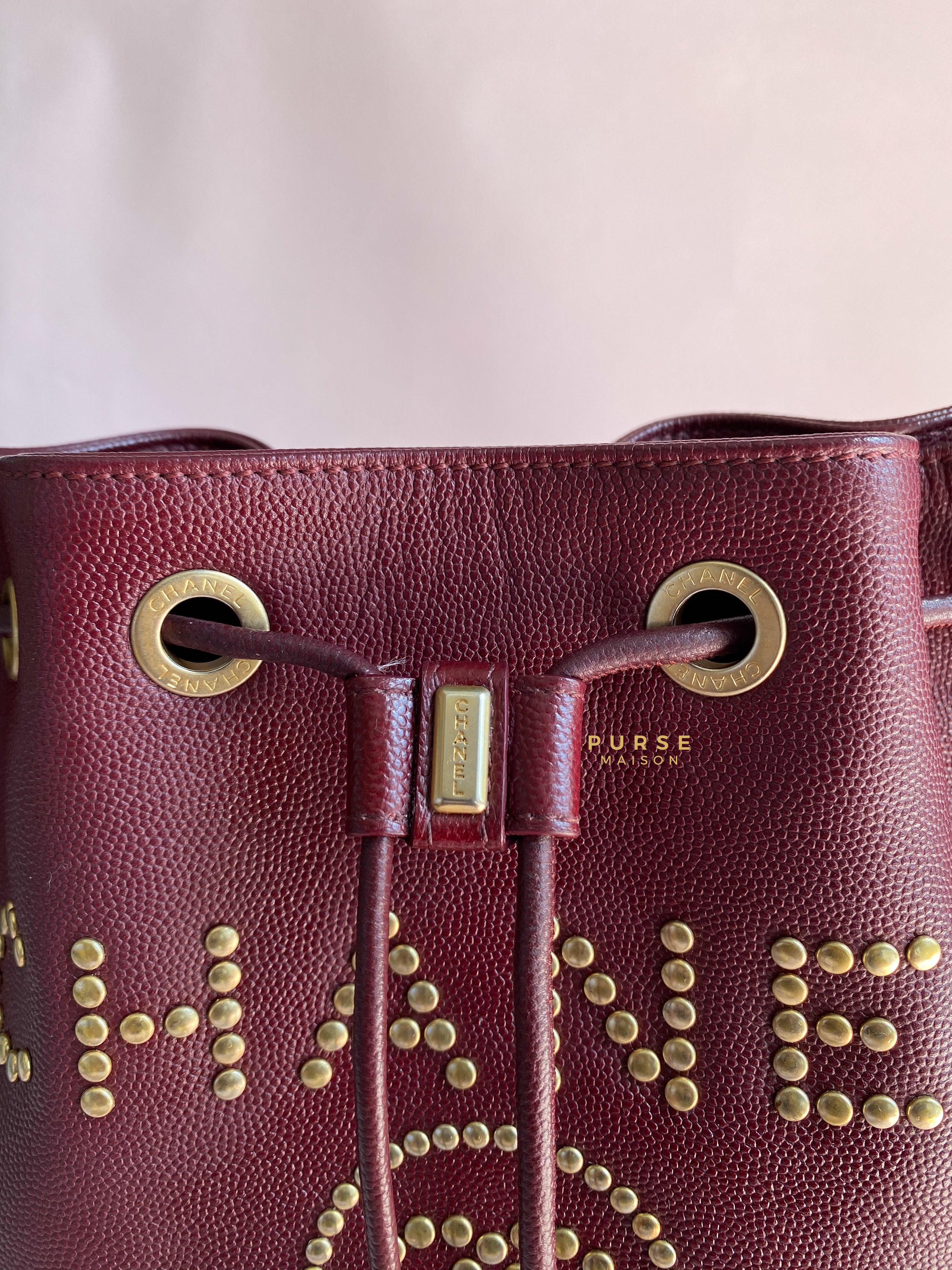 Chanel Deauville Drawstring Bucket Bag Medium Caviar Burgundy in Aged Gold Hardware Series 28 | Purse Maison Luxury Bags Shop