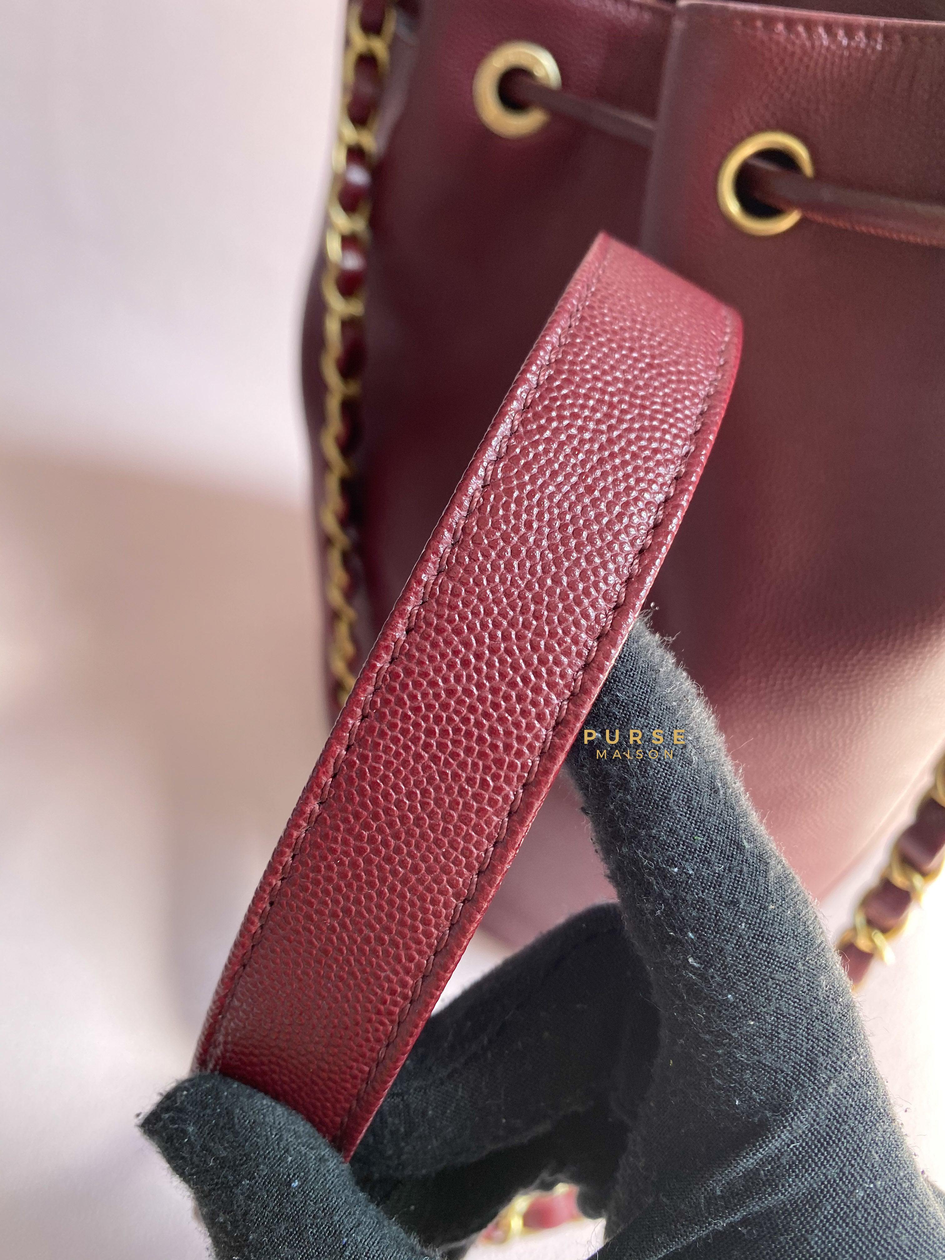 Chanel Deauville Drawstring Bucket Bag Medium Caviar Burgundy in Aged Gold Hardware Series 28 | Purse Maison Luxury Bags Shop
