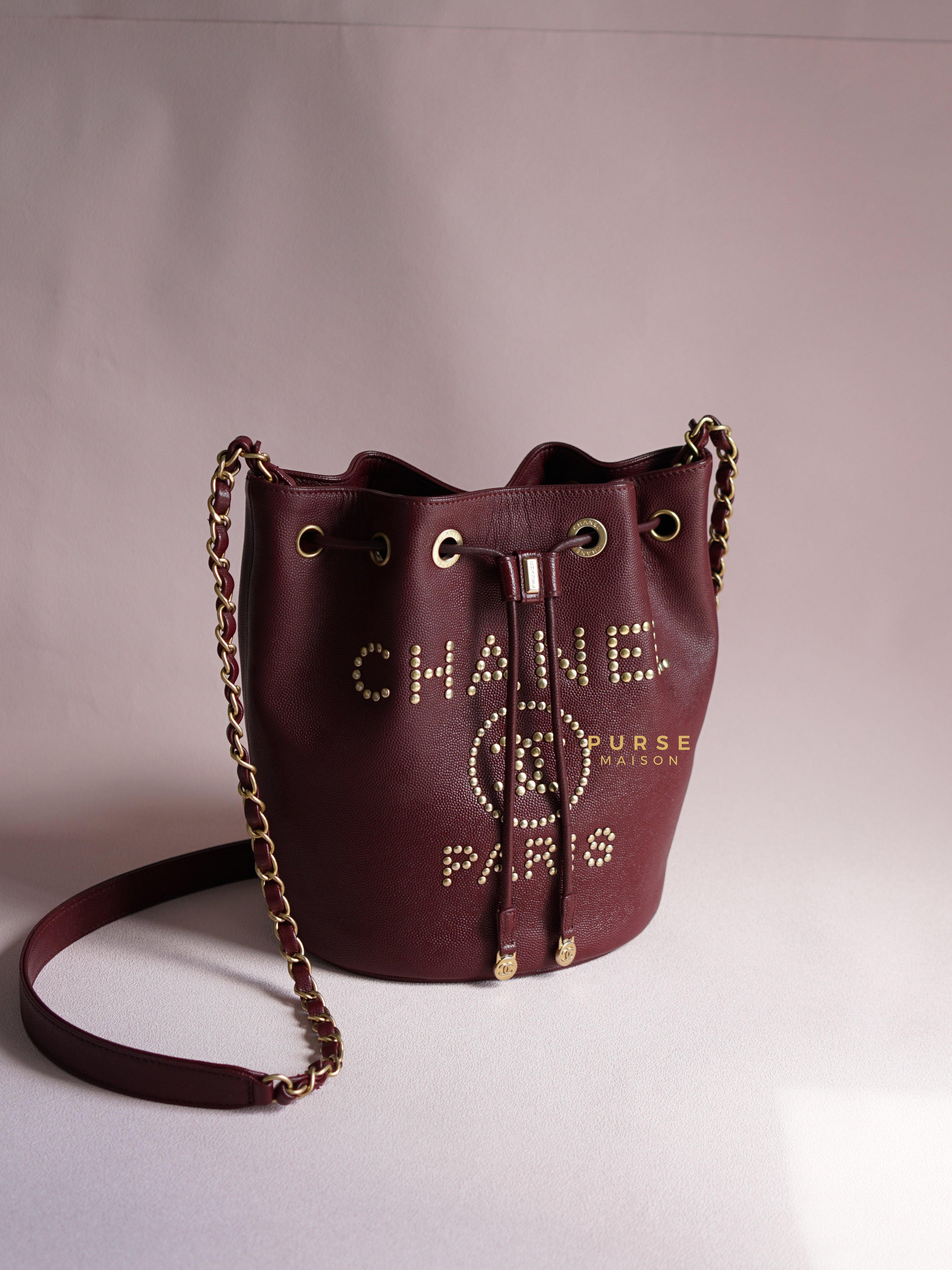 Chanel Deauville Drawstring Bucket Bag Medium Caviar Burgundy in Aged Gold Hardware Series 28 | Purse Maison Luxury Bags Shop