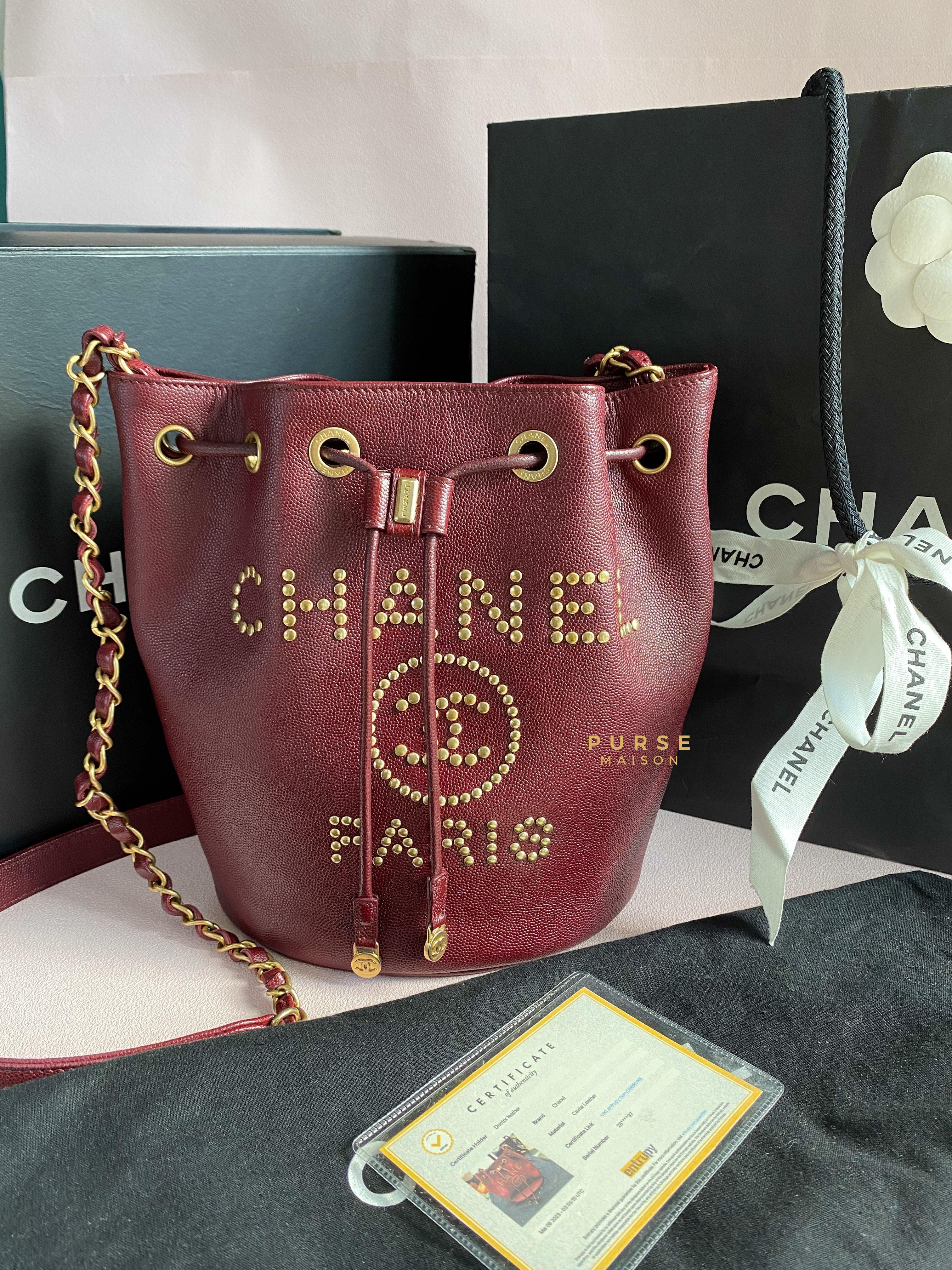 Chanel Deauville Drawstring Bucket Bag Medium Caviar Burgundy in Aged Gold Hardware Series 28 | Purse Maison Luxury Bags Shop