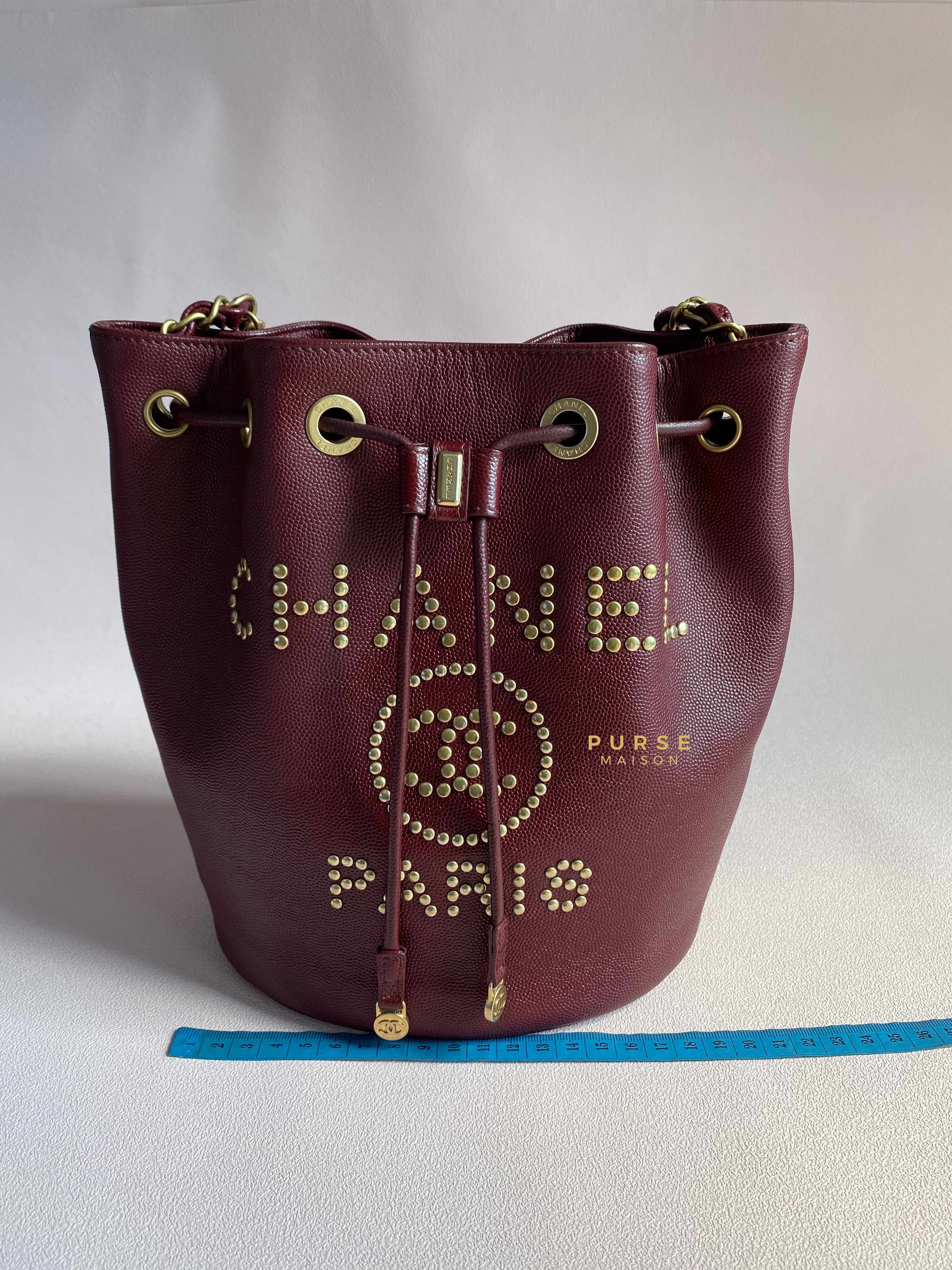Chanel Deauville Drawstring Bucket Bag Medium Caviar Burgundy in Aged Gold Hardware Series 28 | Purse Maison Luxury Bags Shop