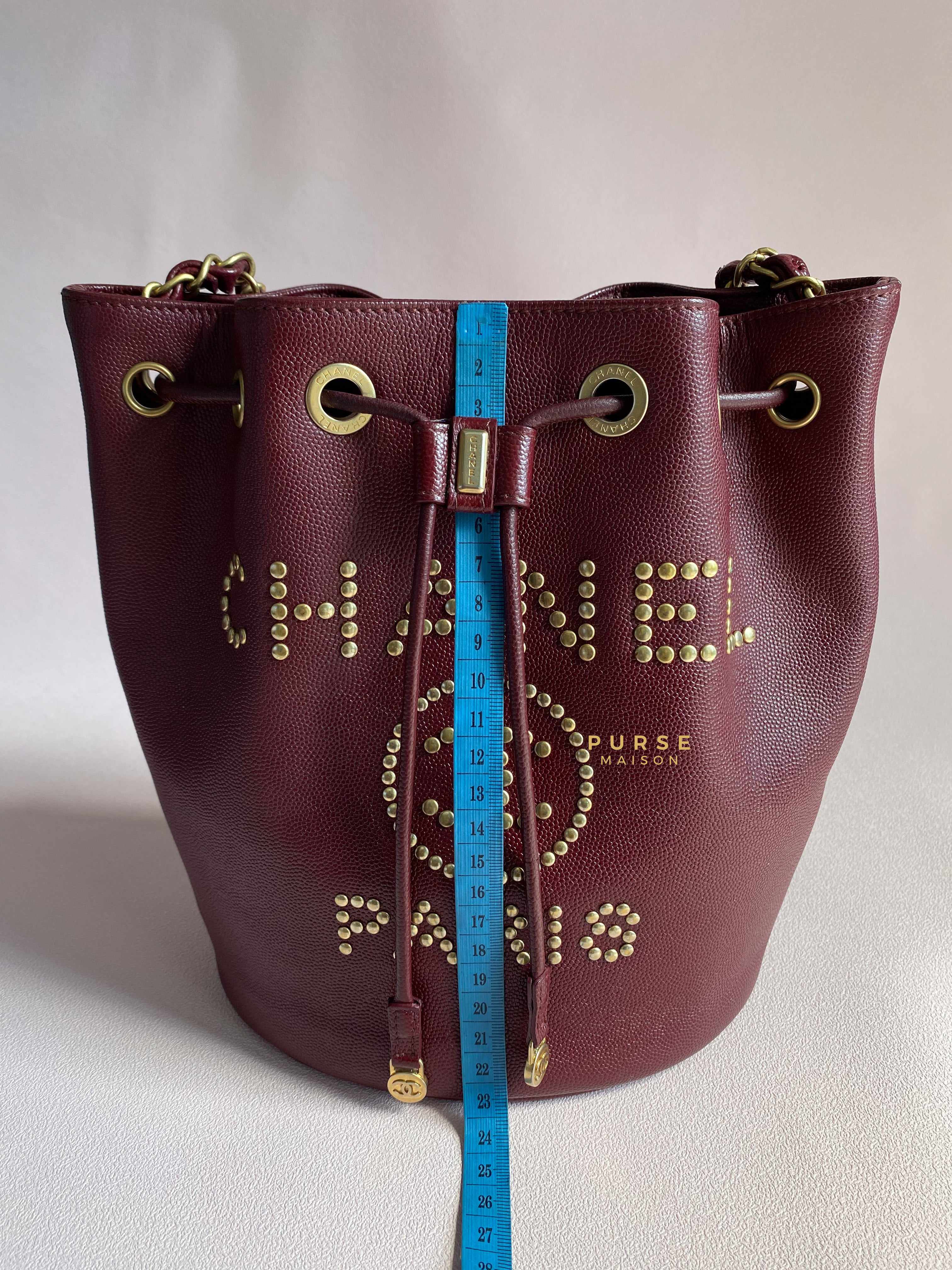 Chanel Deauville Drawstring Bucket Bag Medium Caviar Burgundy in Aged Gold Hardware Series 28 | Purse Maison Luxury Bags Shop