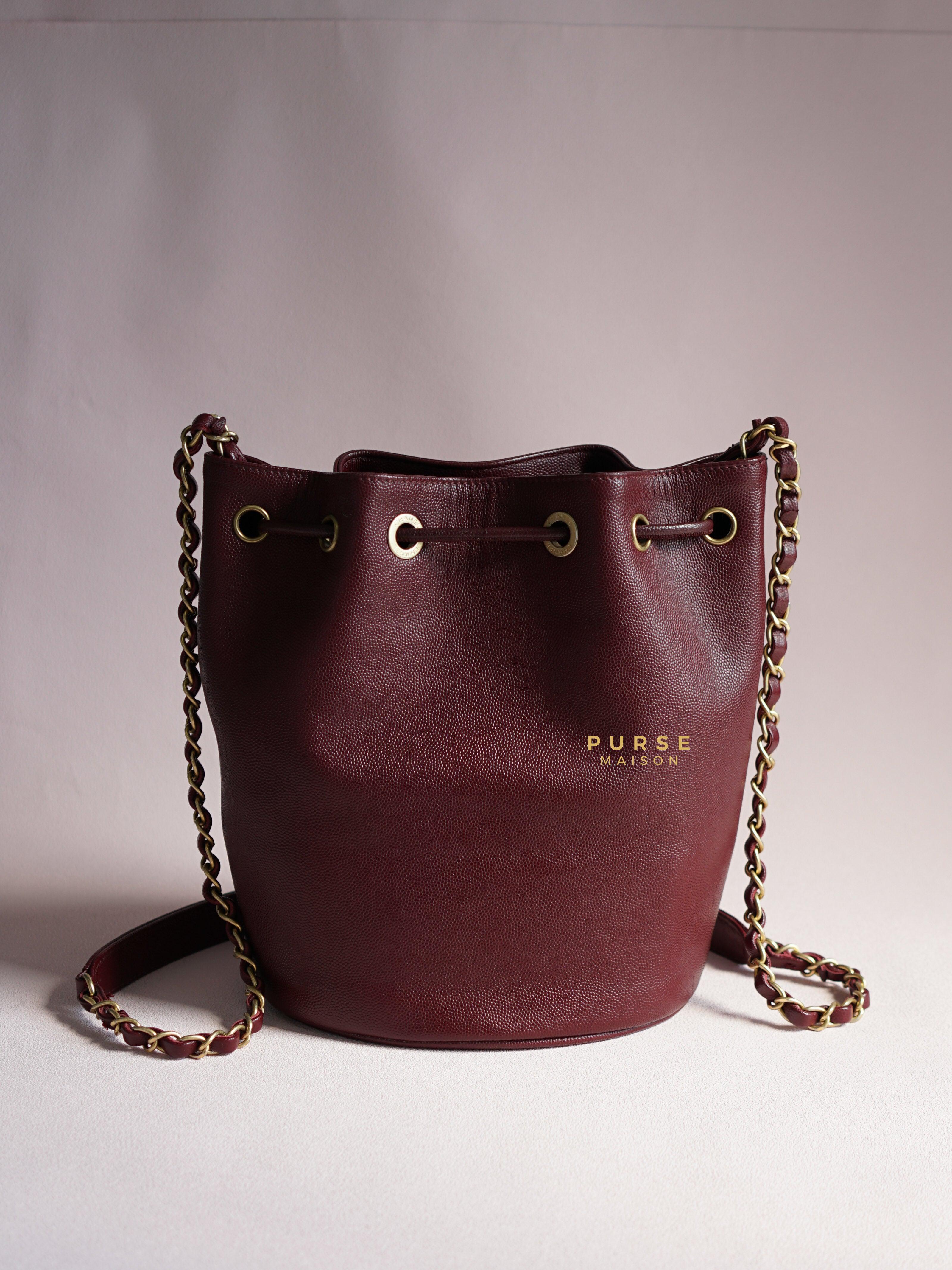 Chanel Deauville Drawstring Bucket Bag Medium Caviar Burgundy in Aged Gold Hardware Series 28 | Purse Maison Luxury Bags Shop