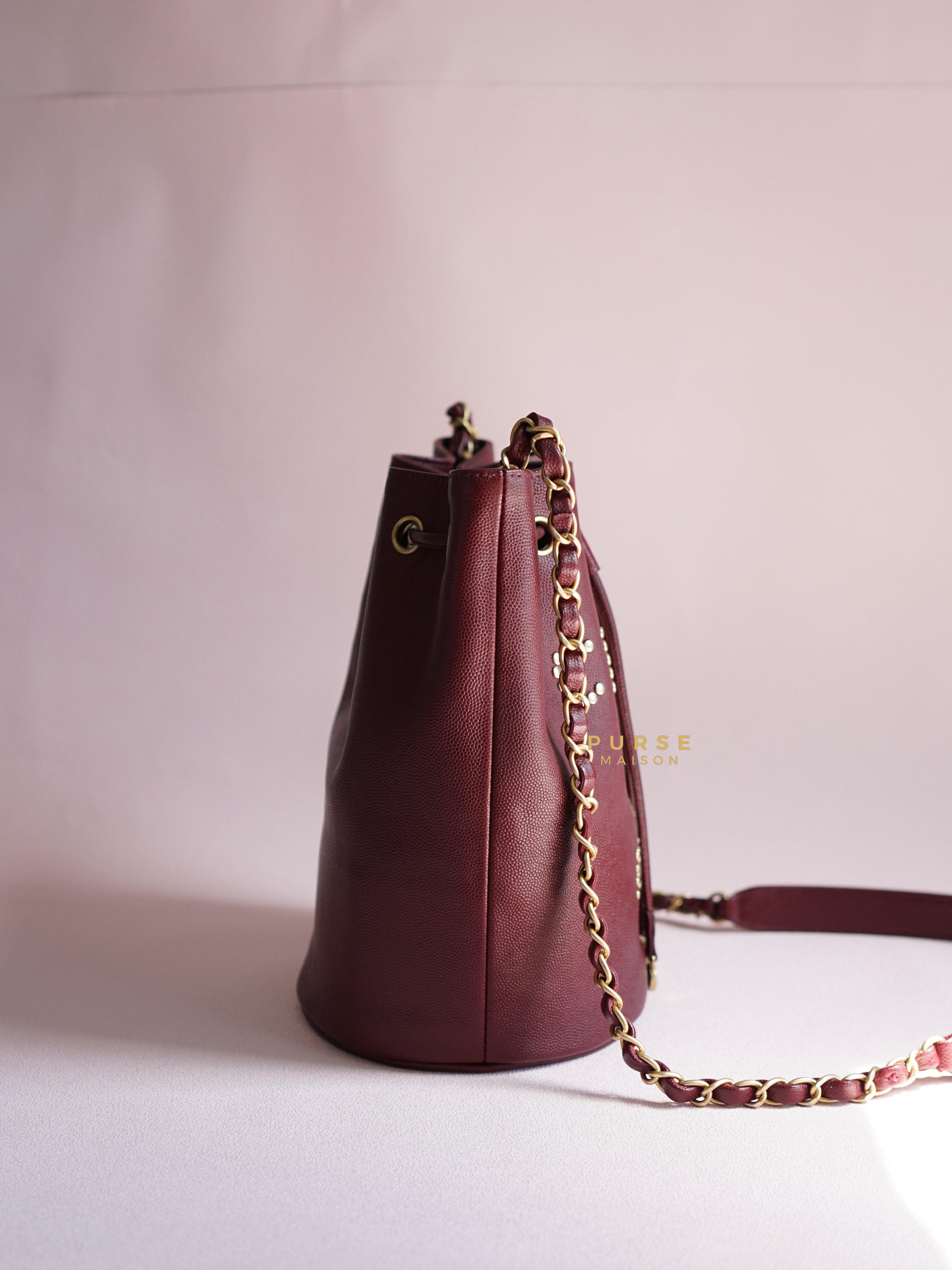 Chanel Deauville Drawstring Bucket Bag Medium Caviar Burgundy in Aged Gold Hardware Series 28 | Purse Maison Luxury Bags Shop