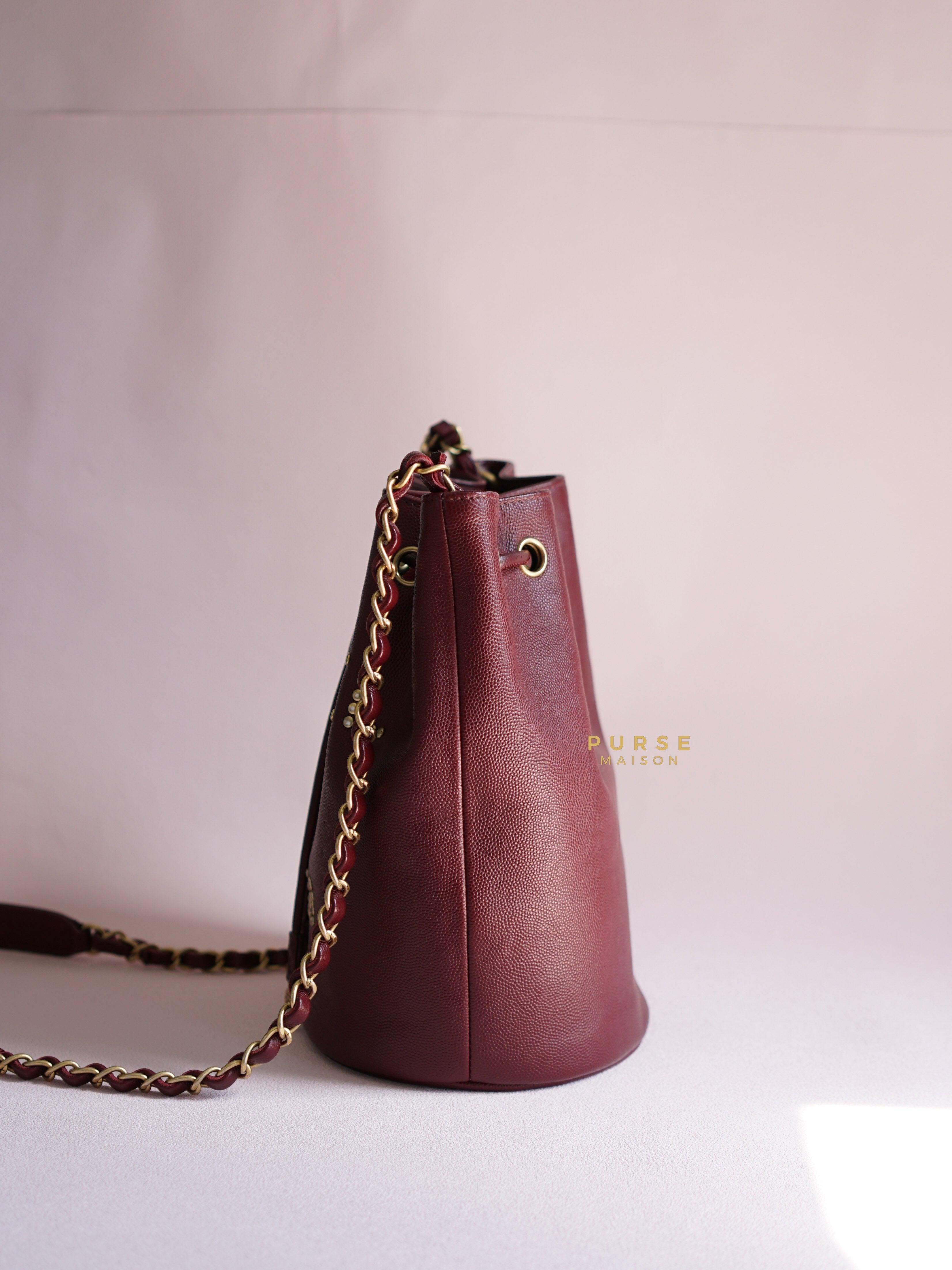 Chanel Deauville Drawstring Bucket Bag Medium Caviar Burgundy in Aged Gold Hardware Series 28 | Purse Maison Luxury Bags Shop