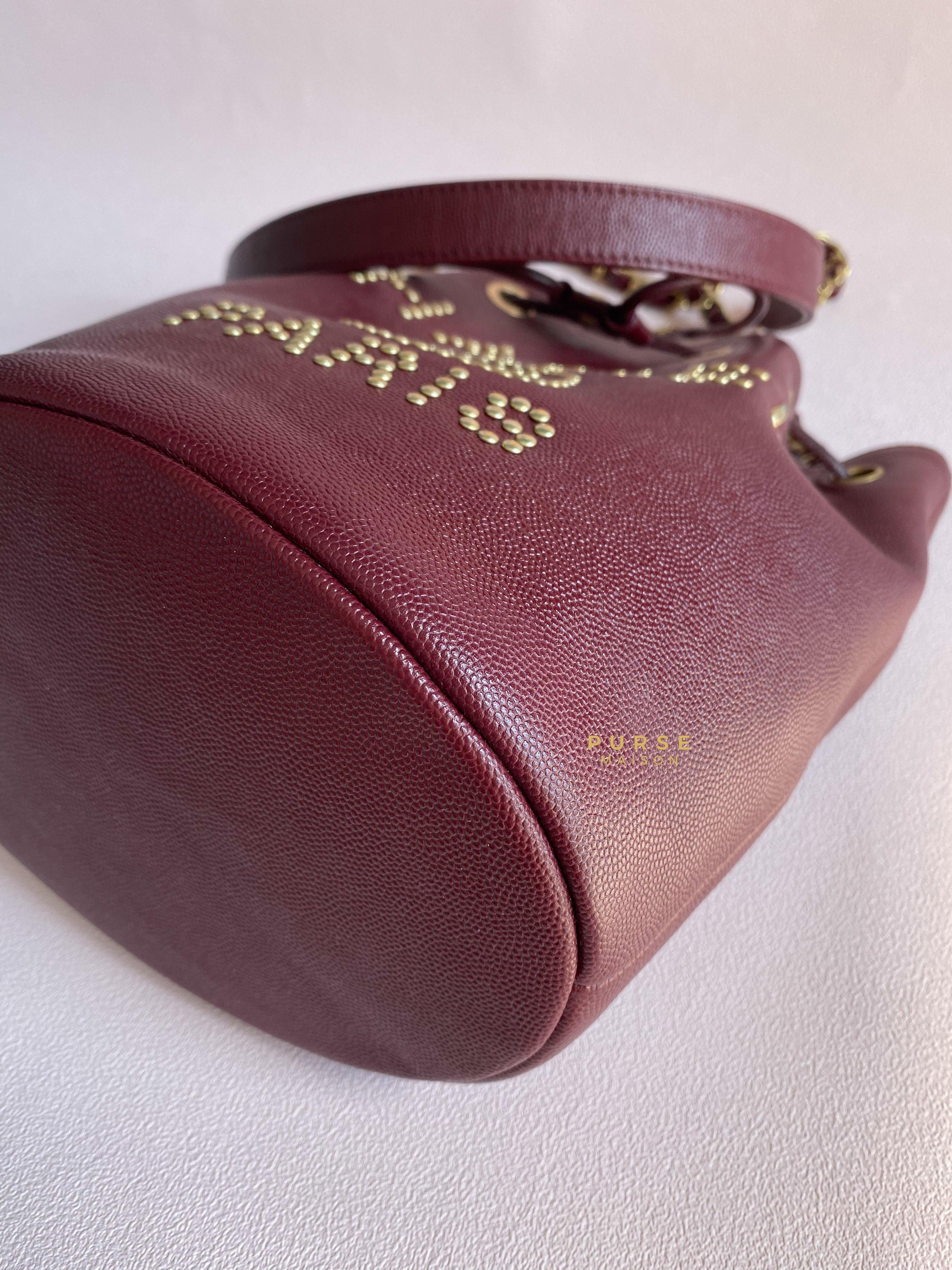 Chanel Deauville Drawstring Bucket Bag Medium Caviar Burgundy in Aged Gold Hardware Series 28 | Purse Maison Luxury Bags Shop