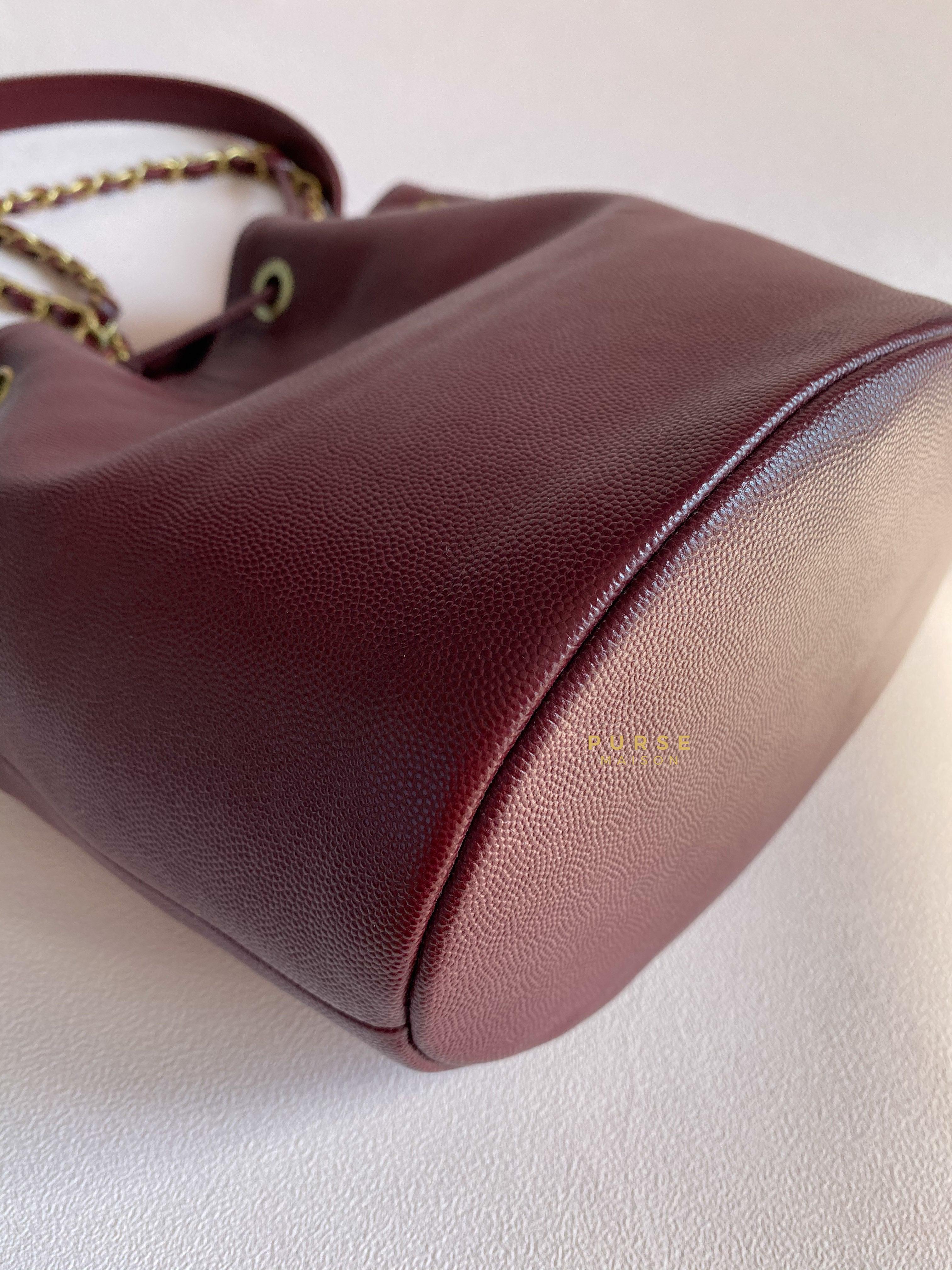 Chanel Deauville Drawstring Bucket Bag Medium Caviar Burgundy in Aged Gold Hardware Series 28 | Purse Maison Luxury Bags Shop