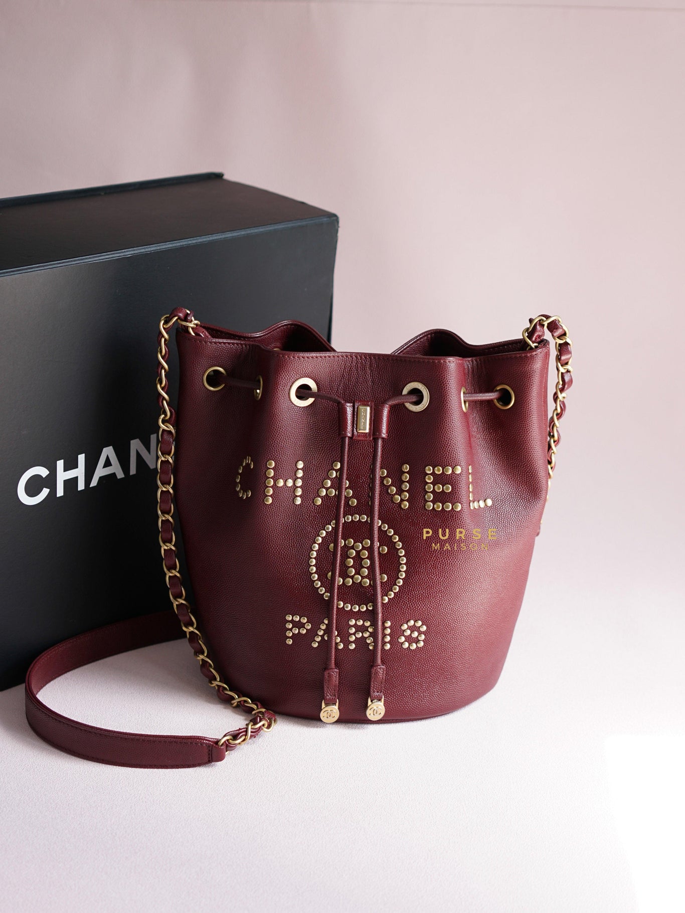 Chanel Deauville Drawstring Bucket Bag Medium Caviar Burgundy in Aged Gold Hardware Series 28 | Purse Maison Luxury Bags Shop