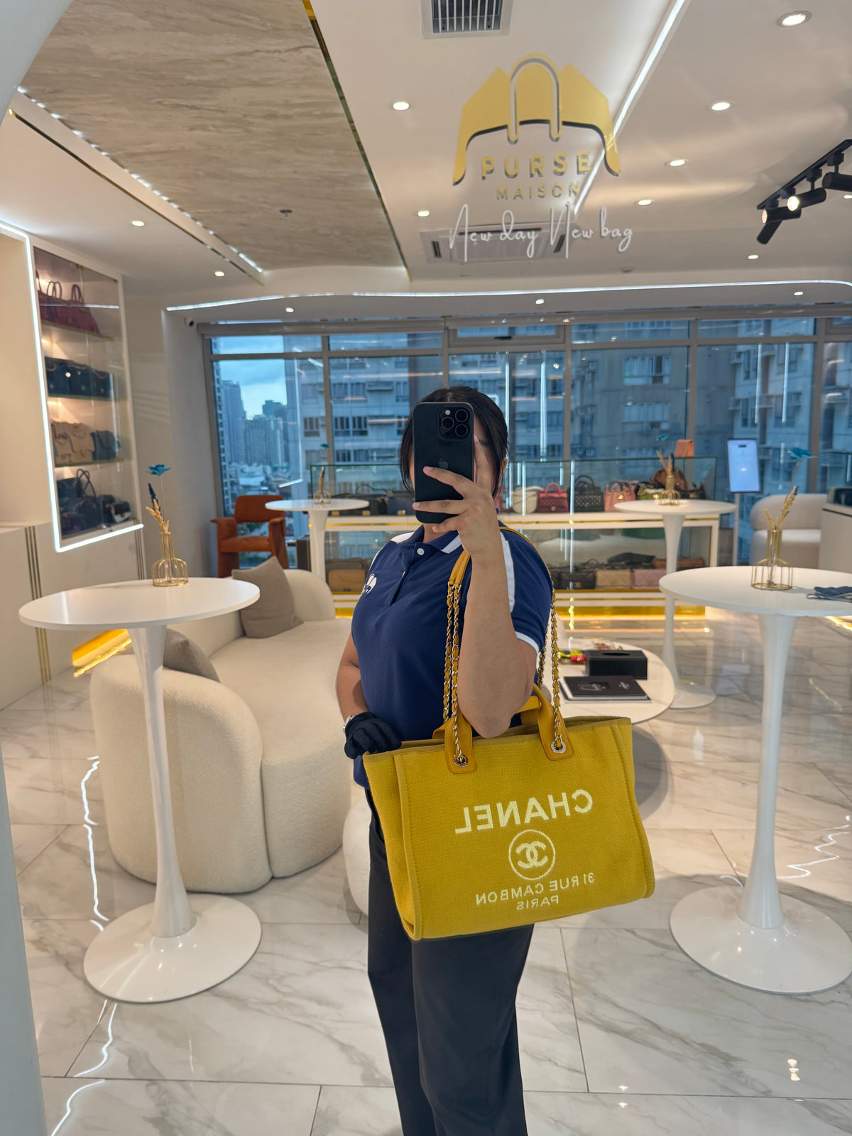 Chanel Deauville Tote Bag in Vibrant Yellow Mixed Fibers and Light Gold Hardware Microchip | Purse Maison Luxury Bags Shop