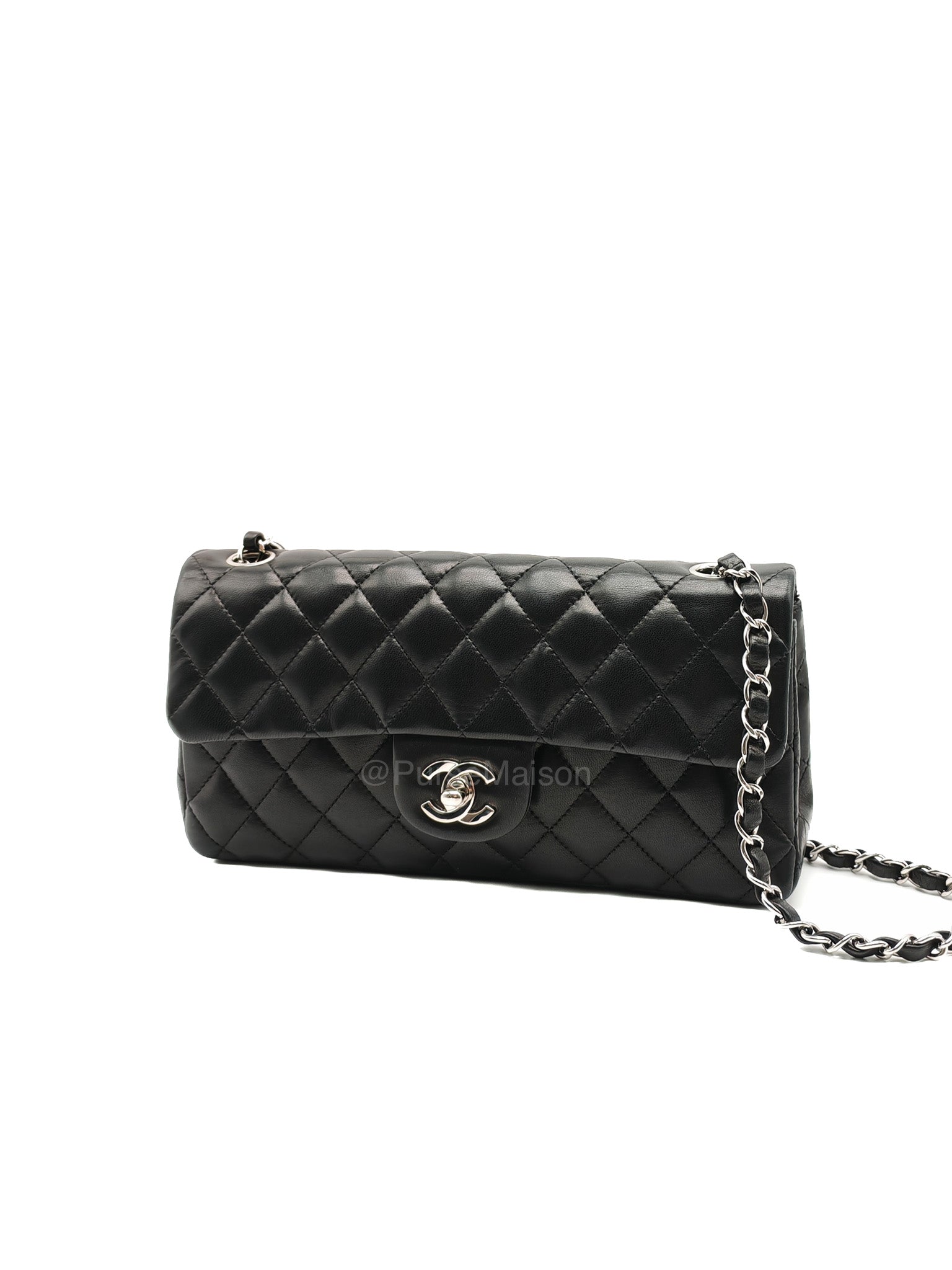 Chanel East West Flap Bag in Black Quilted Lambskin Leather and Silver Hardware Series 10 | Purse Maison Luxury Bags Shop
