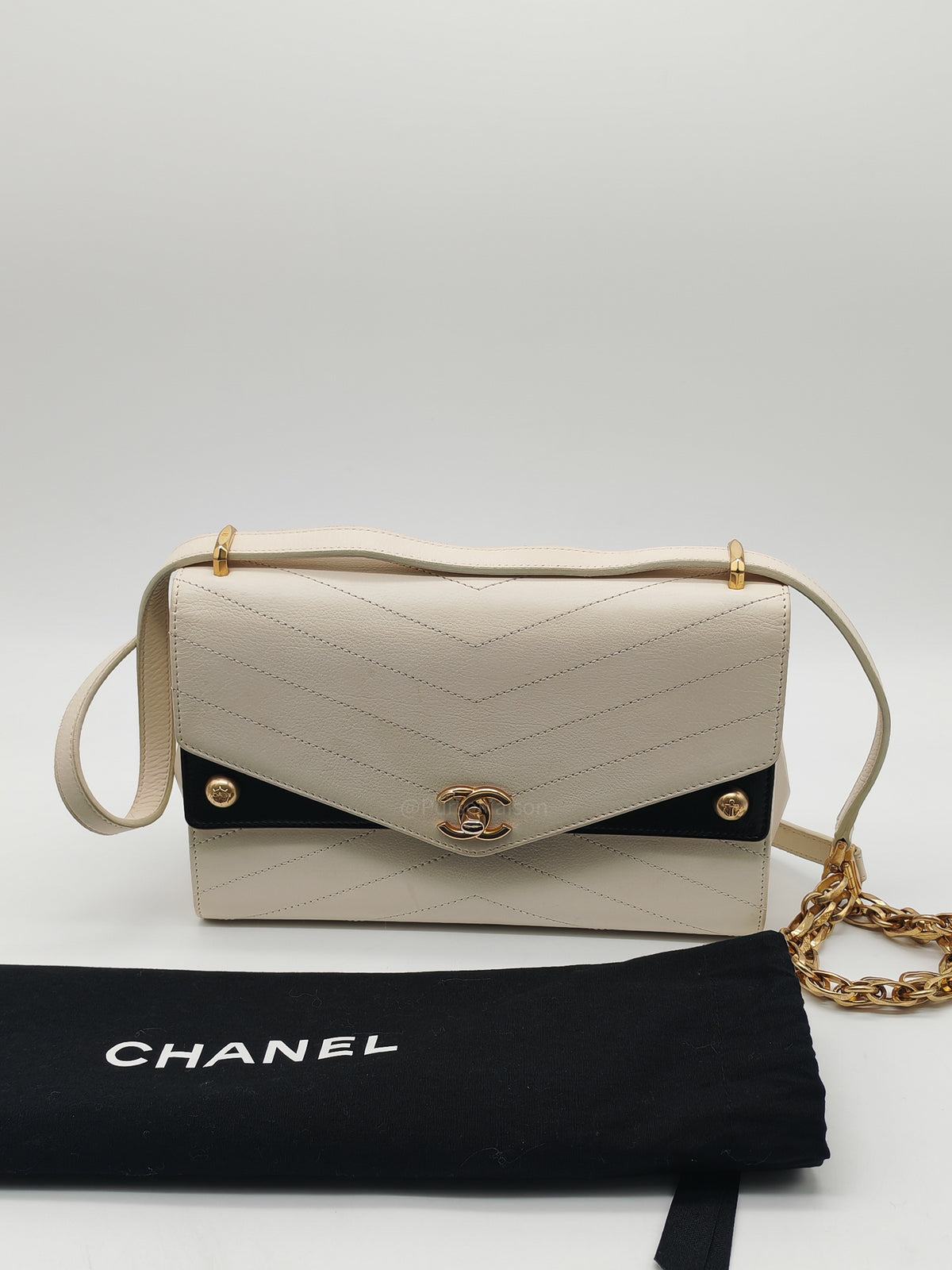 Chanel Envelope Flap Bag in White Chevron Calfskin Leather and Gold Hardware Series 27 | Purse Maison Luxury Bags Shop