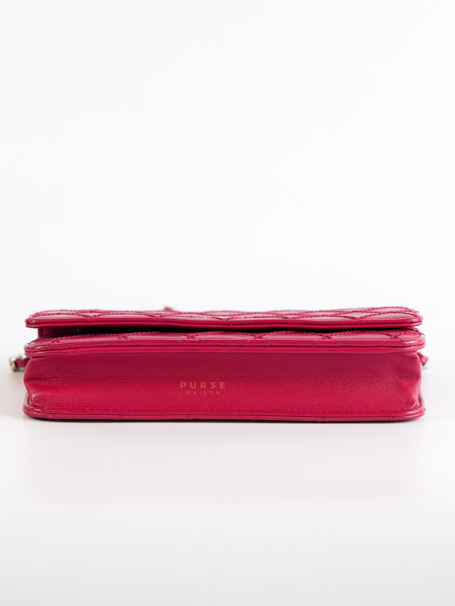 Fancy Wallet on Chain WOC Dark Pink Top Stitched Embroidered Lambskin Leather in Silver Hardware Series 19 | Purse Maison Luxury Bags Shop