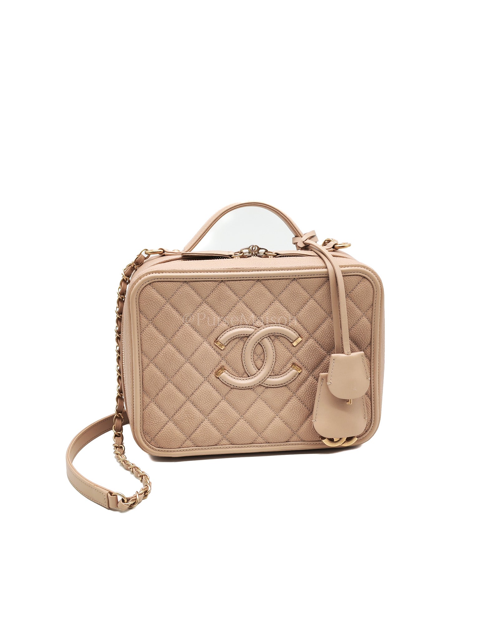 Filigree Vanity Case Large Beige Caviar Leather in Aged Gold Hardware (Series 24) | Purse Maison Luxury Bags Shop