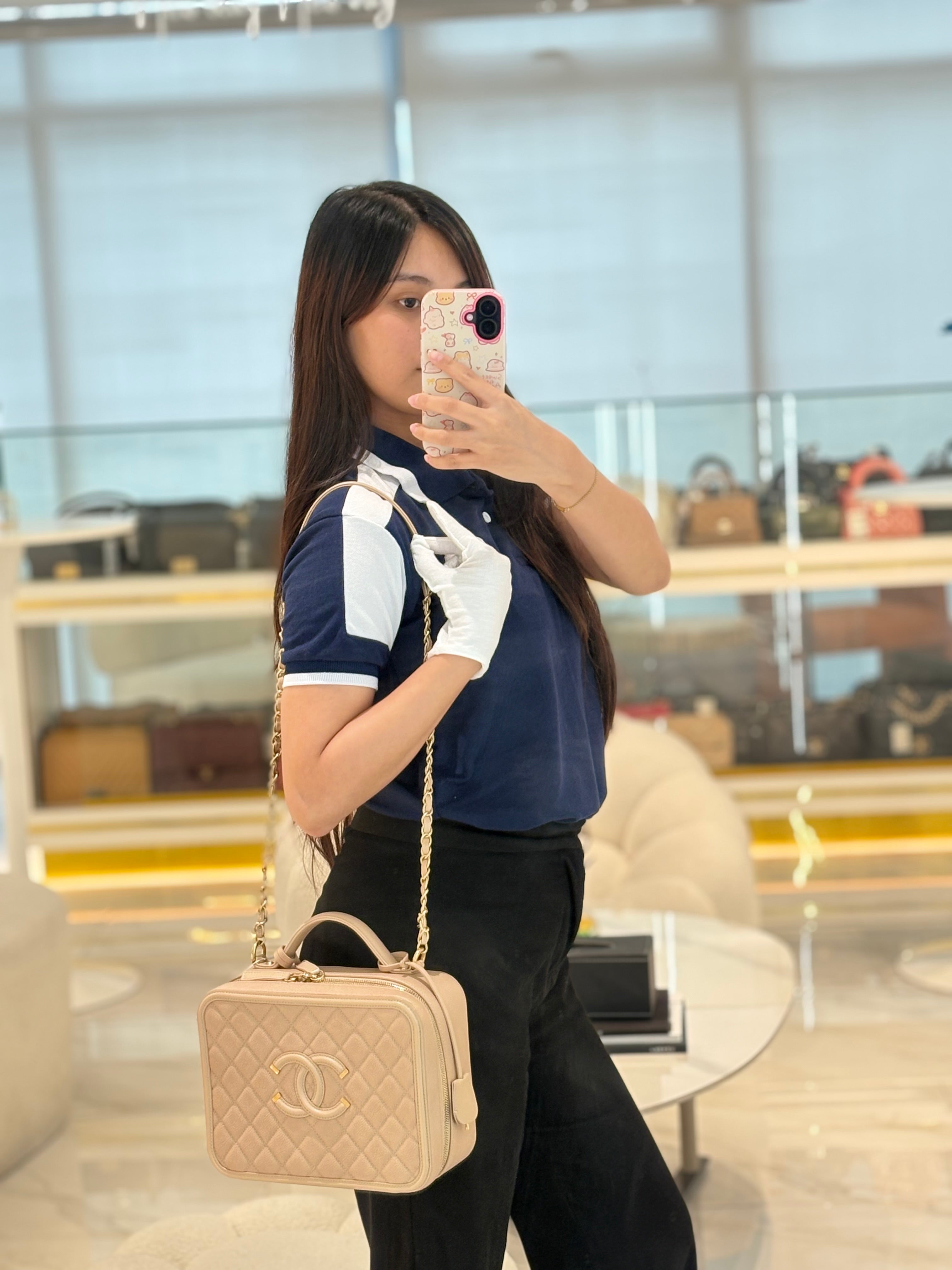 Chanel Filigree Vanity Case Large Beige Caviar Leather in Aged Gold Hardware (Series 24) | Purse Maison Luxury Bags Shop