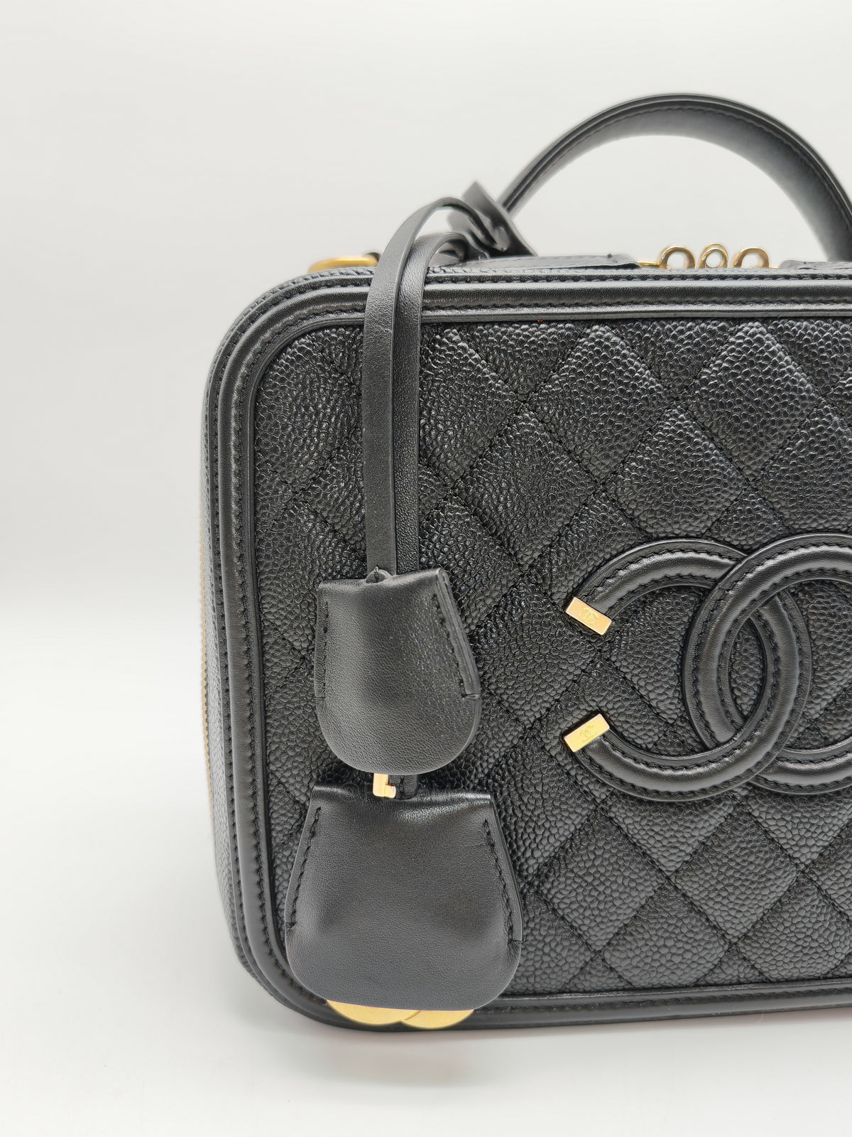 Chanel Filigree Vanity Case Large Black Caviar Leather in Aged Gold Hardware (Series 27) | Purse Maison Luxury Bags Shop