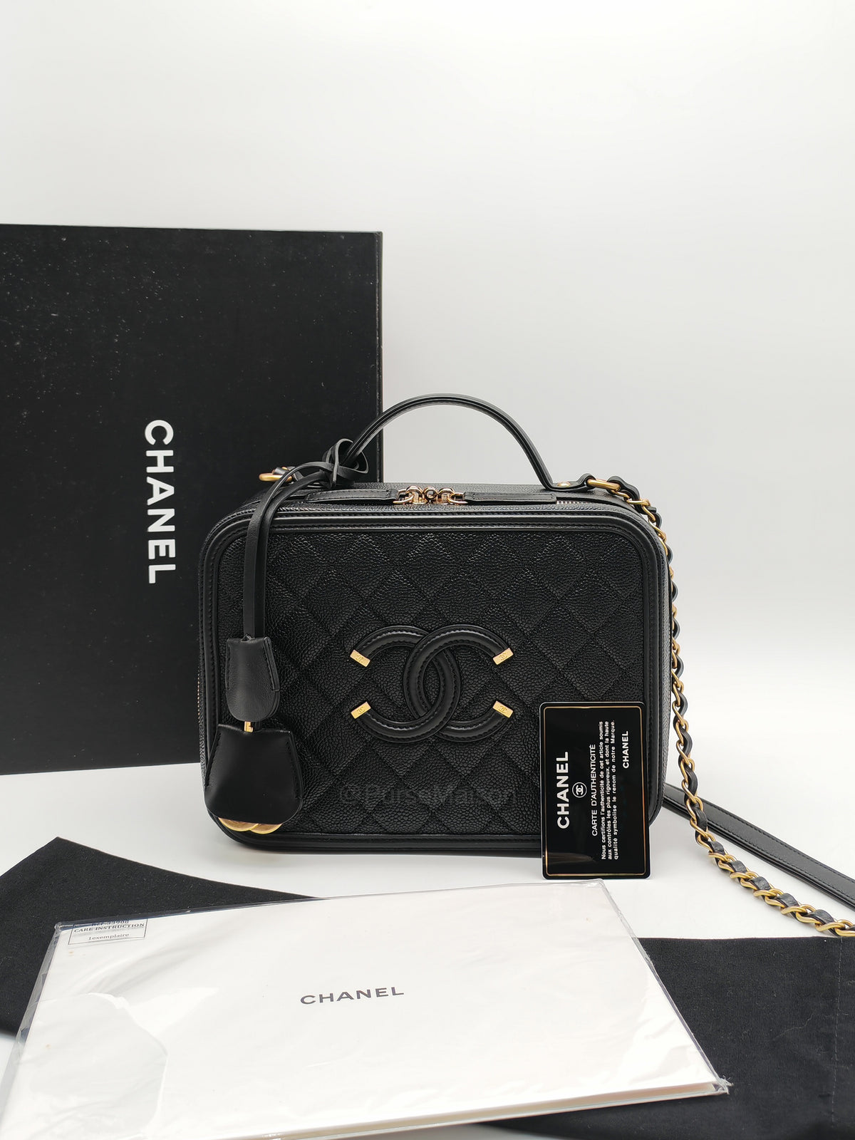 Chanel Filigree Vanity Case Large Black Caviar Leather in Aged Gold Hardware (Series 27) | Purse Maison Luxury Bags Shop
