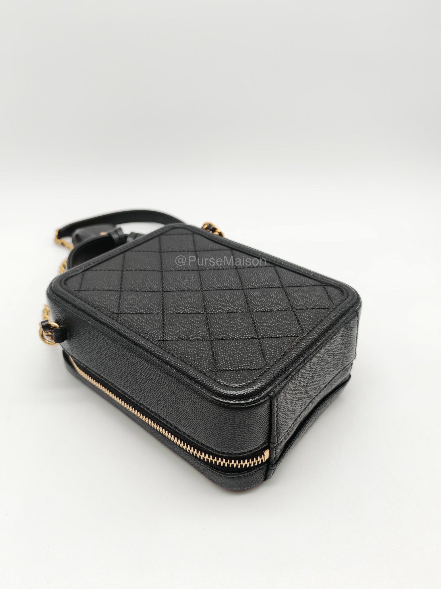 Chanel Filigree Vertical Vanity Case in Black Caviar Leather Aged Gold Hardware (Series 28) | Purse Maison Luxury Bags Shop
