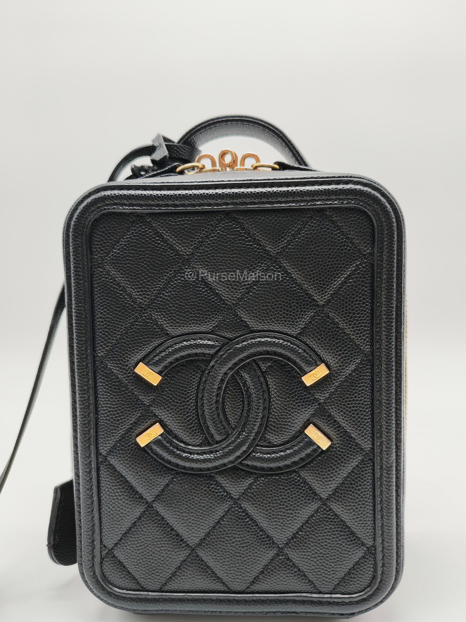 Chanel Filigree Vertical Vanity Case in Black Caviar Leather Aged Gold Hardware (Series 28) | Purse Maison Luxury Bags Shop