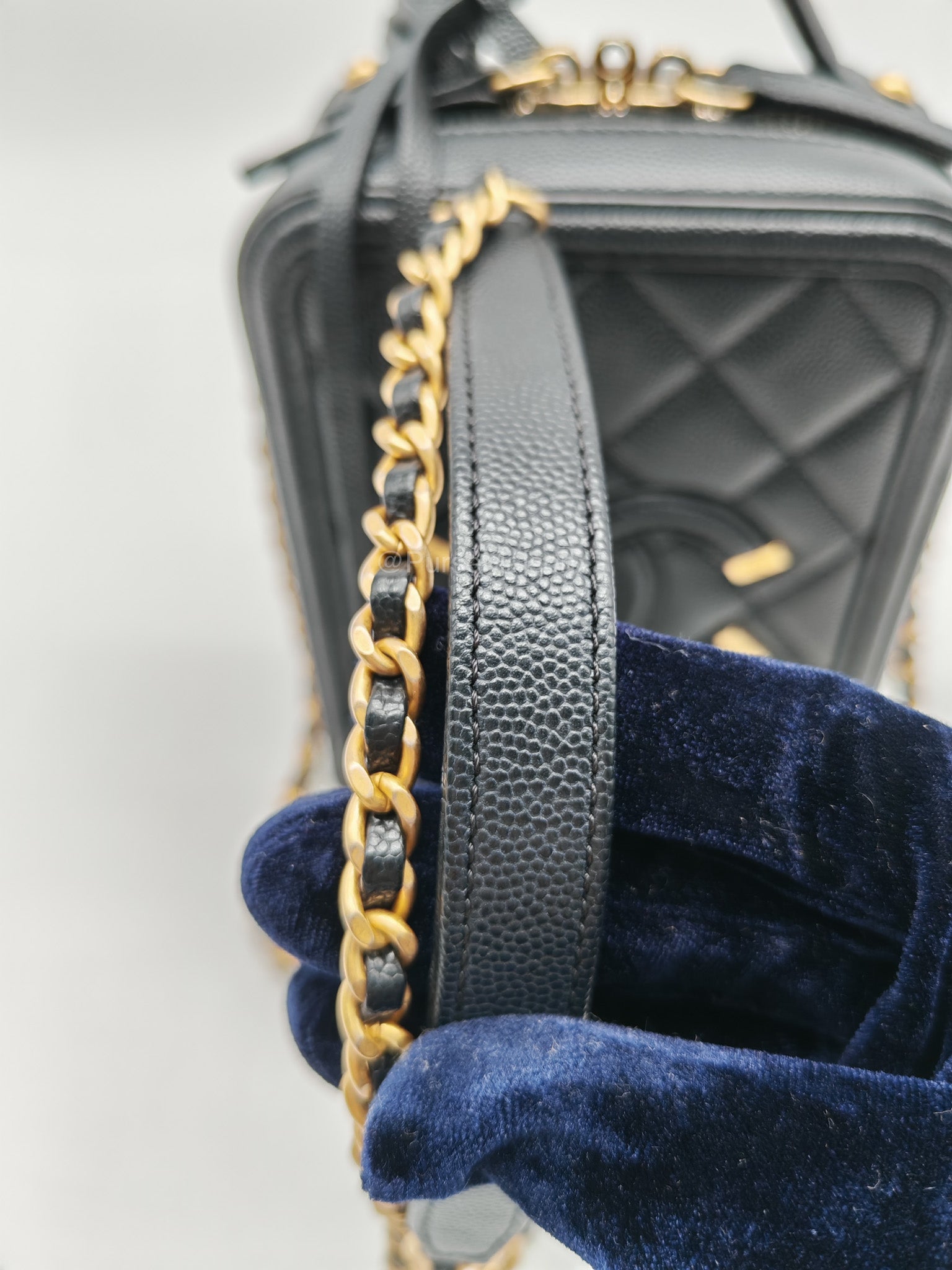 Chanel Filigree Vertical Vanity Case in Black Caviar Leather Aged Gold Hardware (Series 28) | Purse Maison Luxury Bags Shop