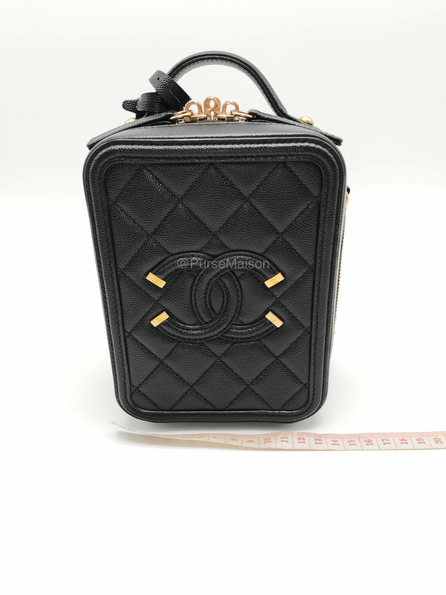 Chanel Filigree Vertical Vanity Case in Black Caviar Leather Aged Gold Hardware (Series 28) | Purse Maison Luxury Bags Shop