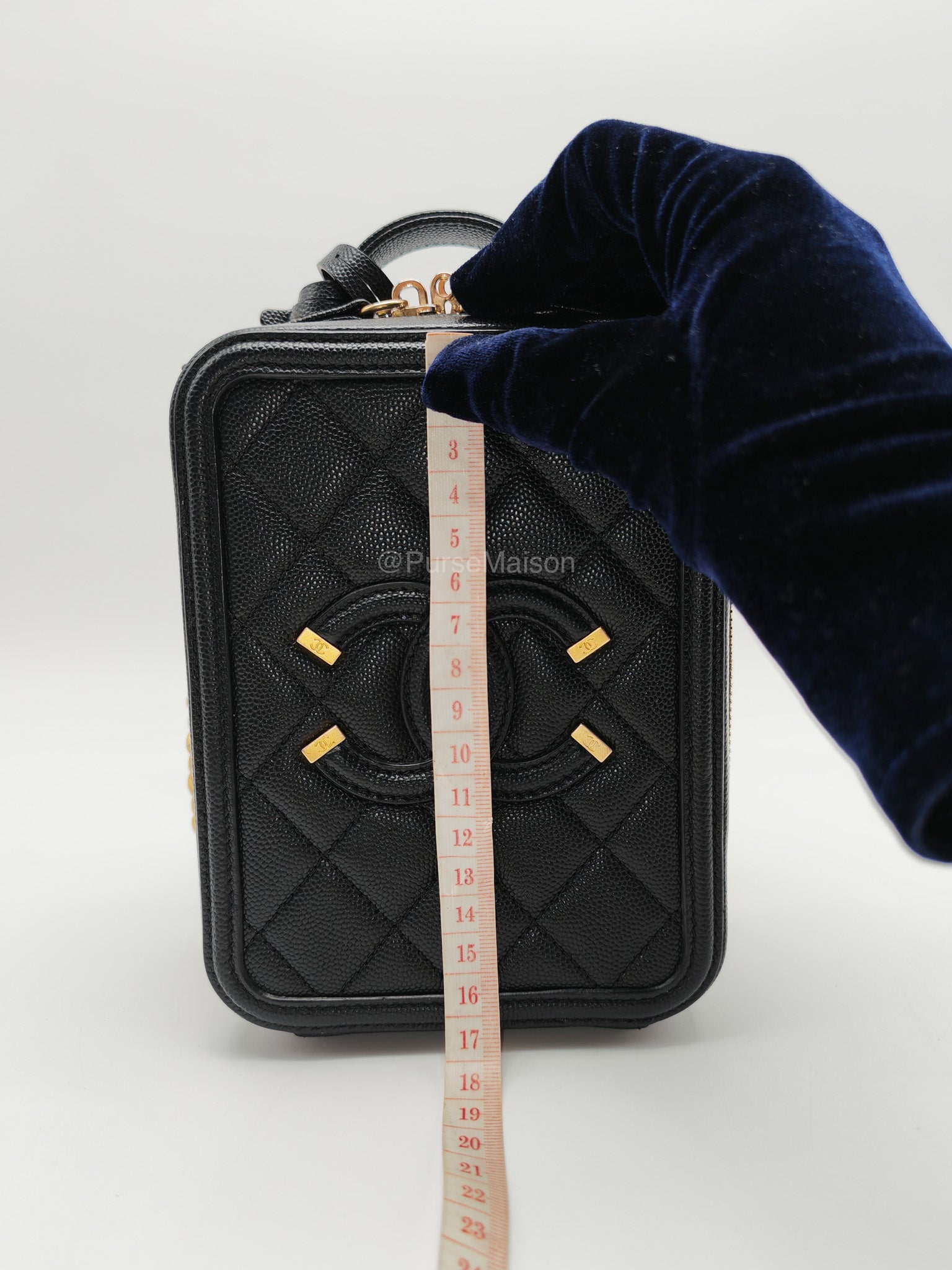 Chanel Filigree Vertical Vanity Case in Black Caviar Leather Aged Gold Hardware (Series 28) | Purse Maison Luxury Bags Shop