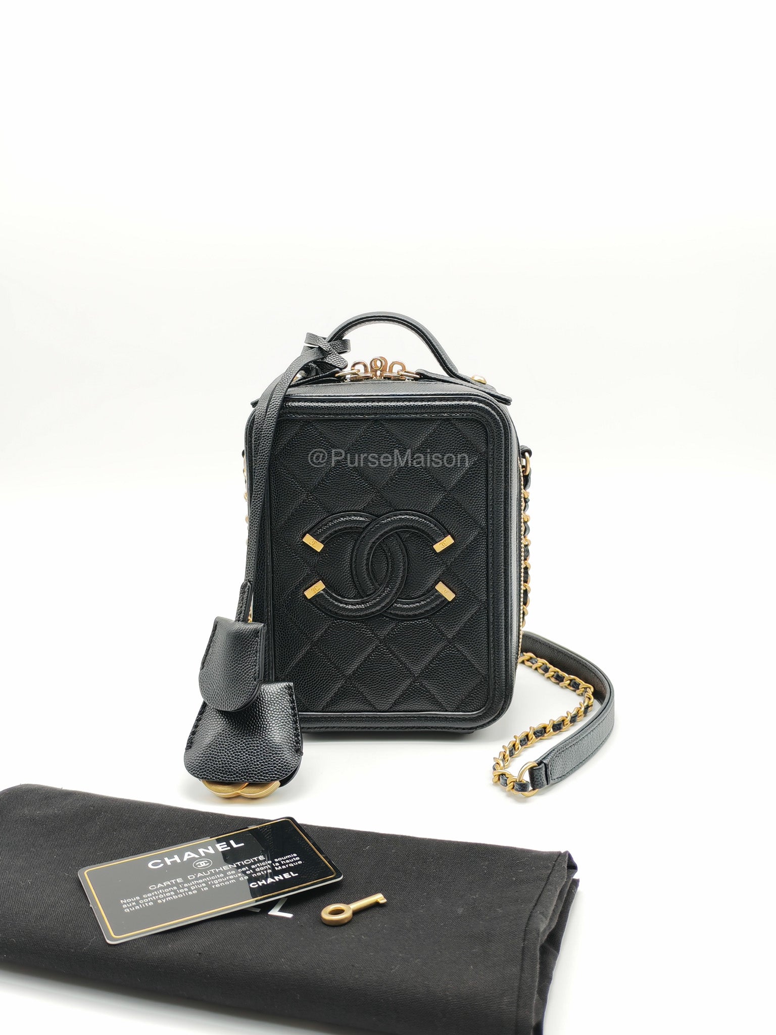 Chanel Filigree Vertical Vanity Case in Black Caviar Leather Aged Gold Hardware (Series 28) | Purse Maison Luxury Bags Shop