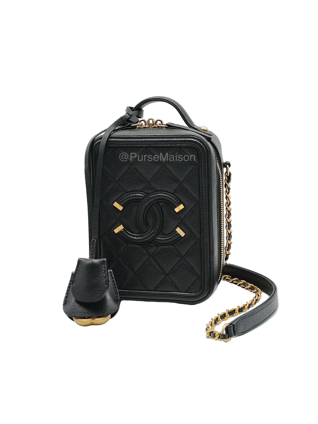 Chanel Filigree Vertical Vanity Case in Black Caviar Leather Aged Gold Hardware (Series 28) | Purse Maison Luxury Bags Shop