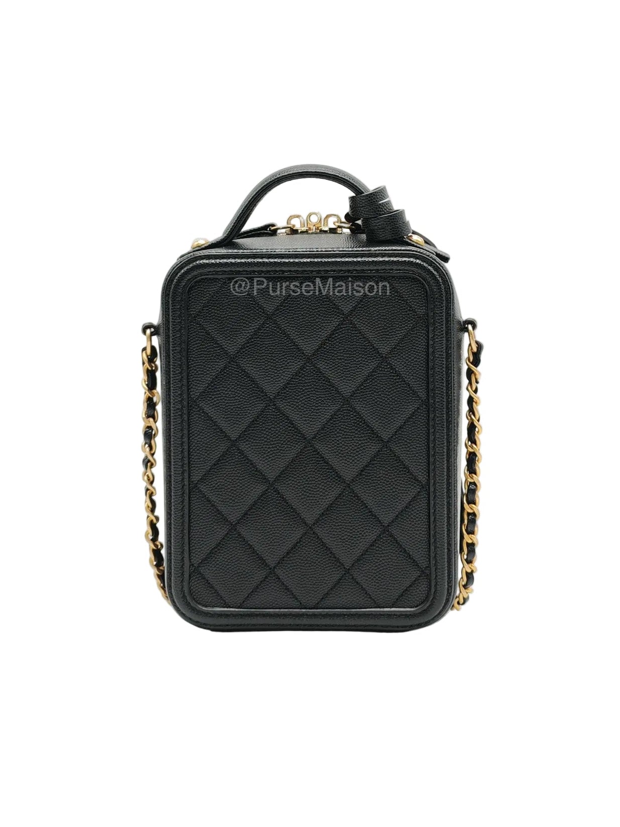 Chanel Filigree Vertical Vanity Case in Black Caviar Leather Aged Gold Hardware (Series 28) | Purse Maison Luxury Bags Shop