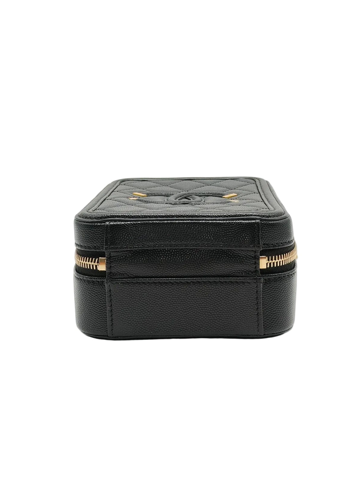 Chanel Filigree Vertical Vanity Case in Black Caviar Leather Aged Gold Hardware (Series 28) | Purse Maison Luxury Bags Shop
