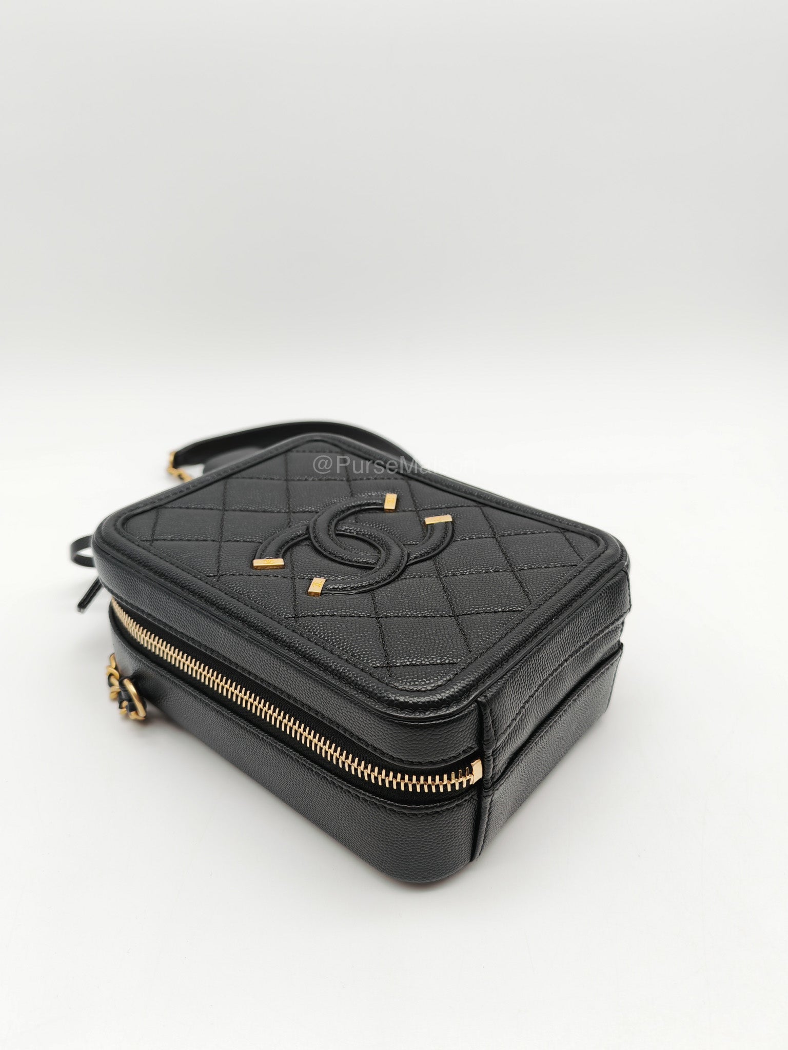 Chanel Filigree Vertical Vanity Case in Black Caviar Leather Aged Gold Hardware (Series 28) | Purse Maison Luxury Bags Shop