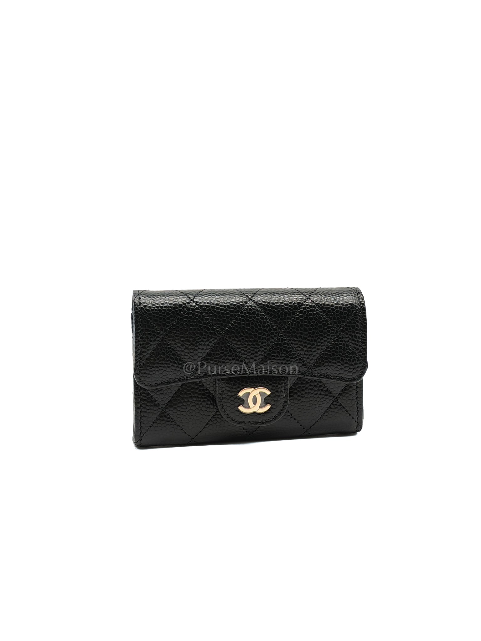 Flap Card Holder in Black Caviar Leather and Light Gold Hardware (Microchip) | Purse Maison Luxury Bags Shop