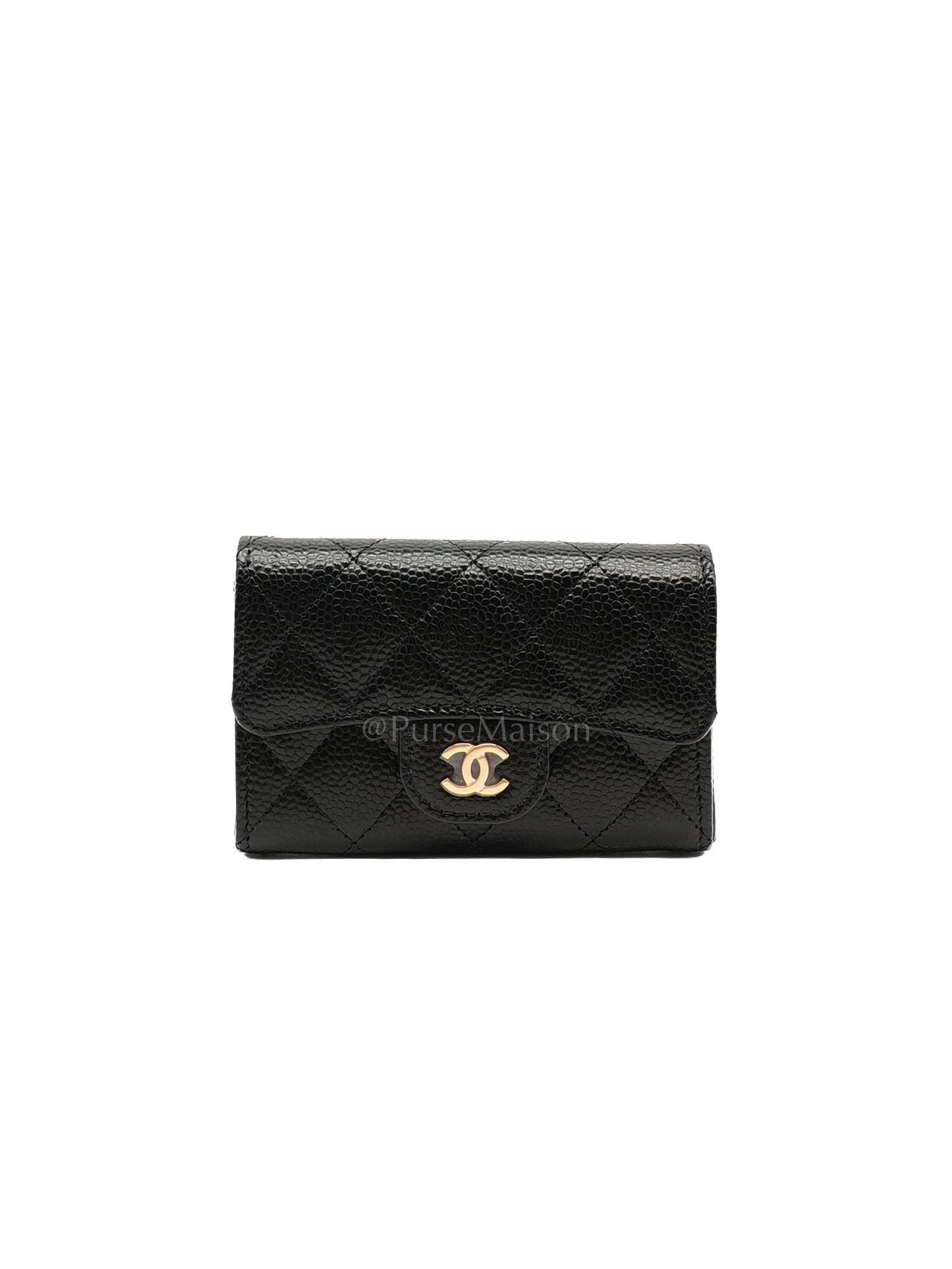 Flap Card Holder in Black Caviar Leather and Light Gold Hardware (Microchip) | Purse Maison Luxury Bags Shop